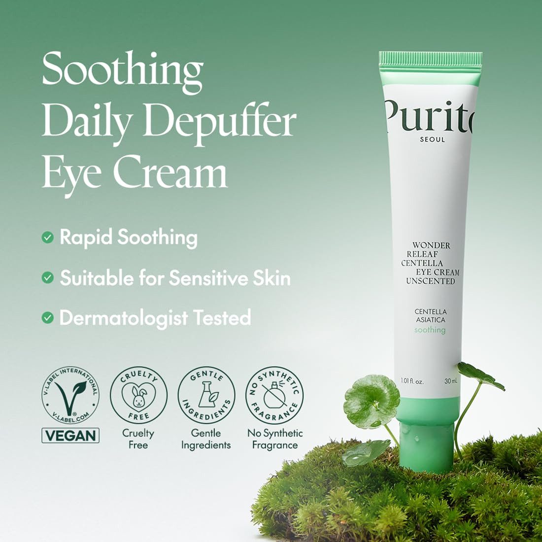 Purito Seoul Anti-Aging-Augencreme Wonder Releaf Centella Eye Cream Unscented 30 ml – vegane, duftfreie, Augencreme mit 47 % CICA, Peptiden & Ceramiden – beruhigend, feuchtigkeitsspendend – für empfindliche Haut & Mundpartie geeignet