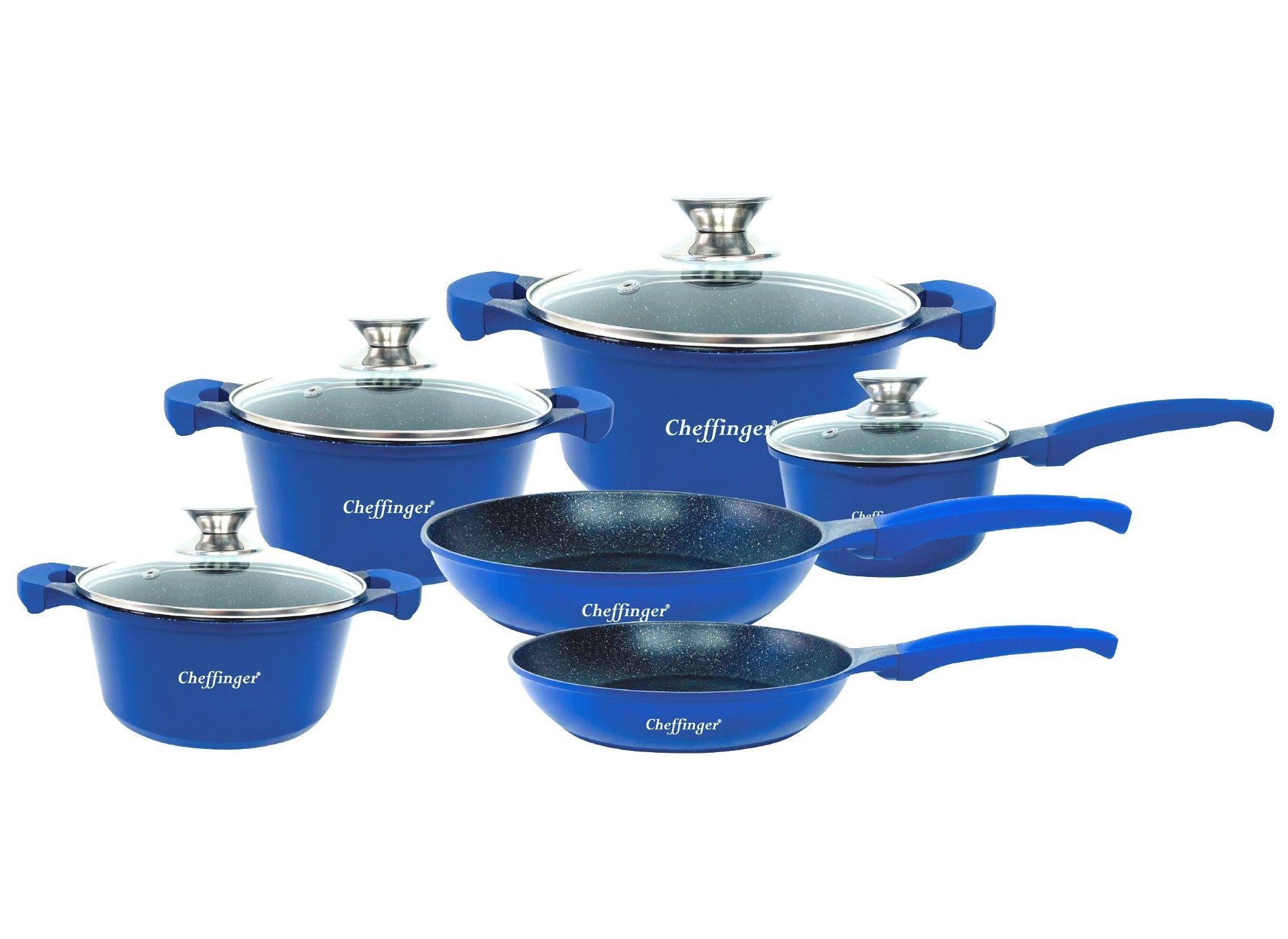 Topf-Set Kochtopf Kasserolle Bratpfannen Set 10-tlg blau Glasdeckel Cheffinger
