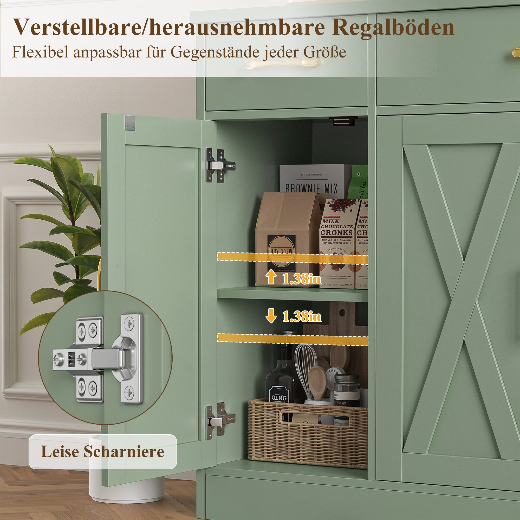 HOMECHO Sideboard, 140cm Breite Küchenschrank 3 Schubladen 4 Türen, Verstellbaren Regalen