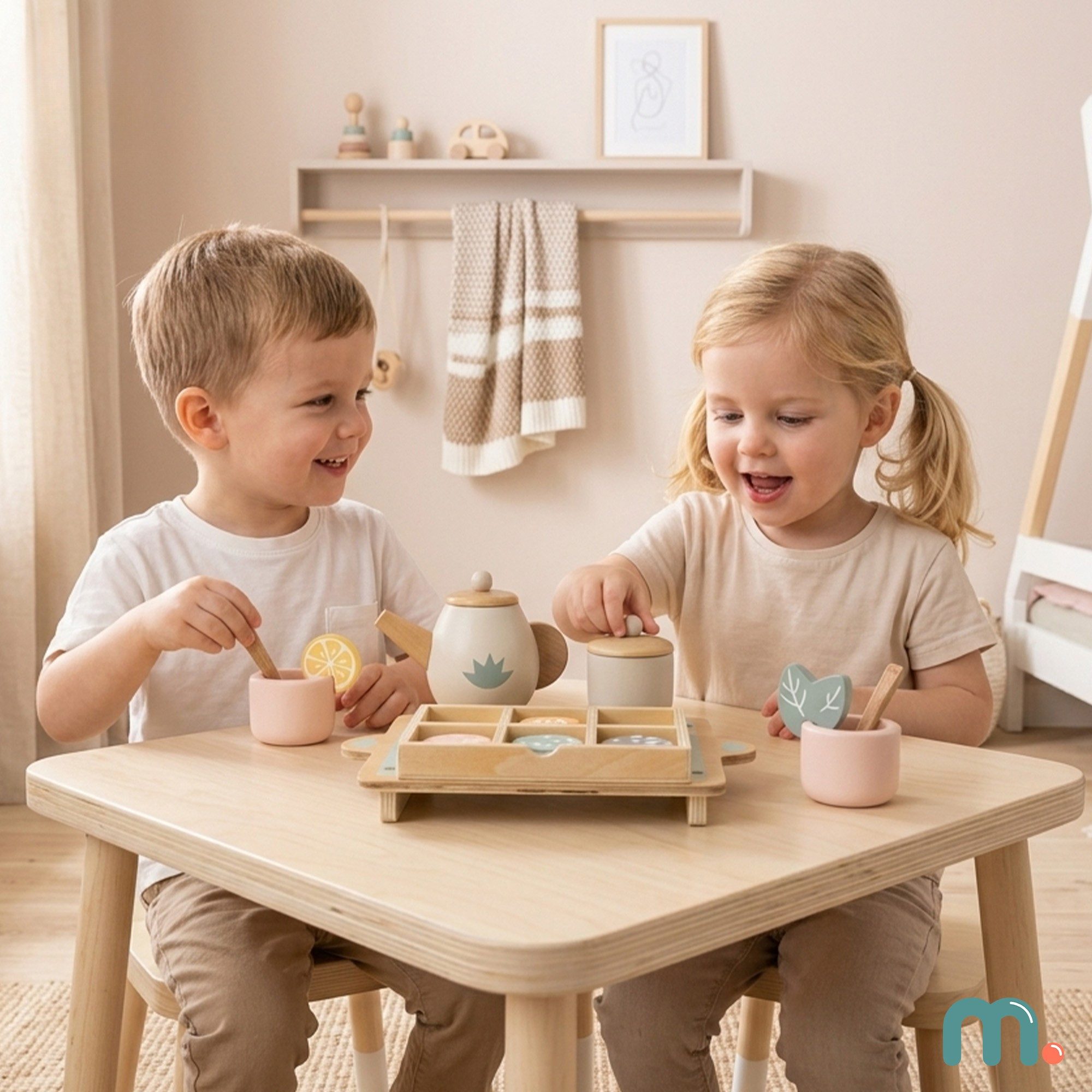 Mamabrum Spielküche Mamabrum Holz Teeservice Kinder 18 tlg Spielset mit Tablett Wood, MDF, Functional Storage Tray