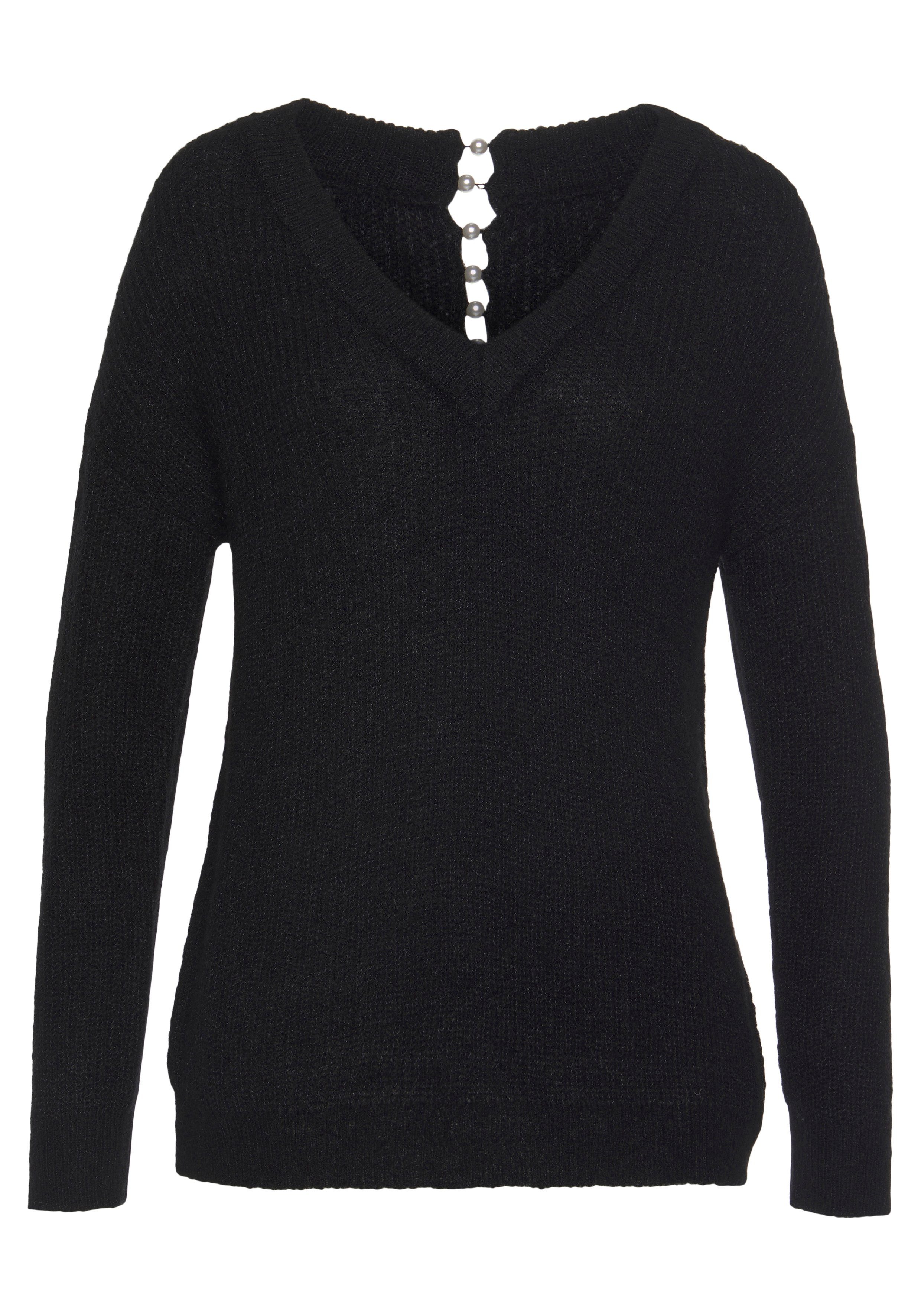 LASCANA Zierperlen V-Ausschnitt-Pullover mit Rücken schwarz im