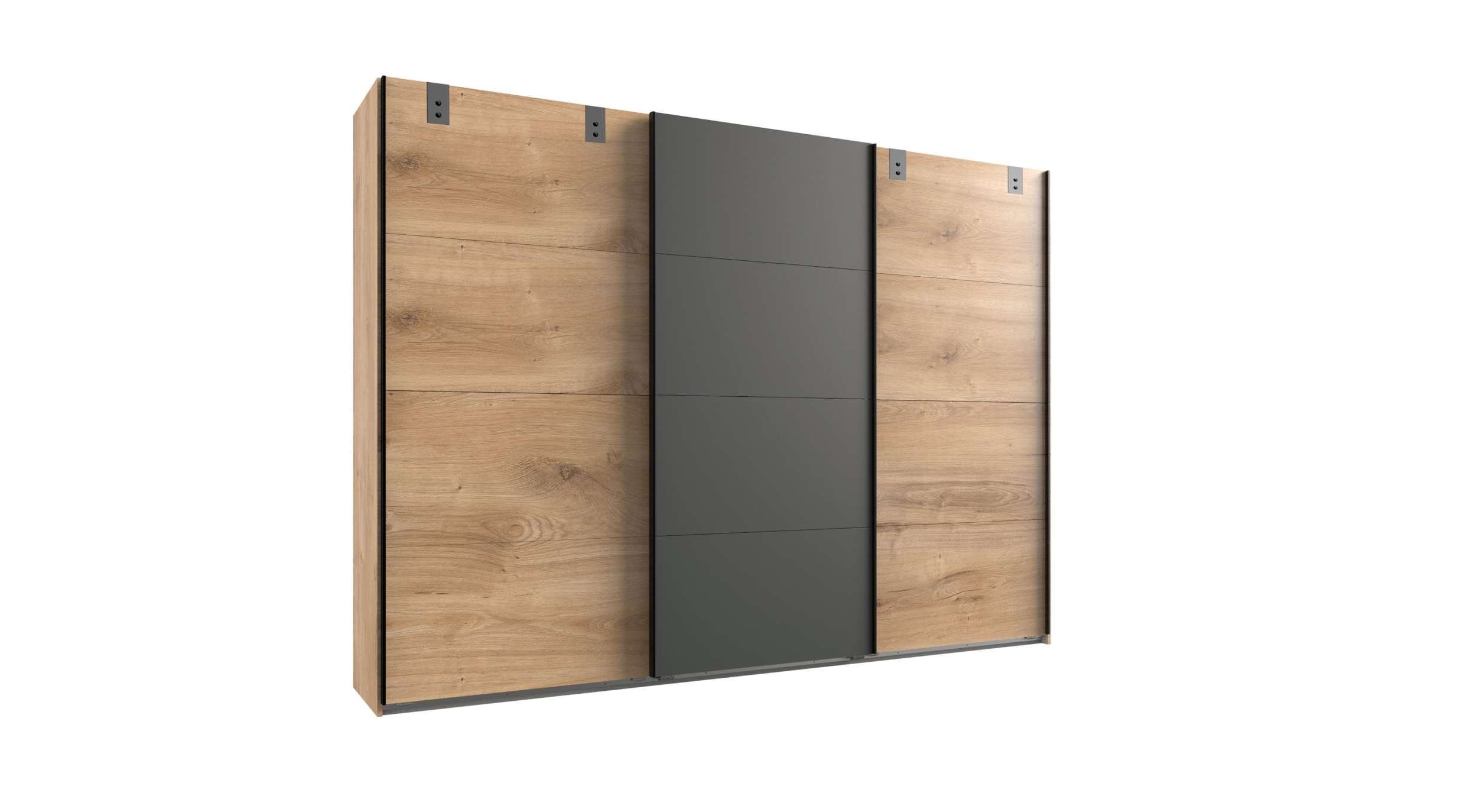 3 Holzwerkstoff, Stauraum, mit stellbar III Mehrzweckschrank) Modern (Kleiderschrank, Schwebetürenschrank - Plankeneiche Graphit viel Stylefy Optik aus Schiebetüren, variabel Madrid Design,