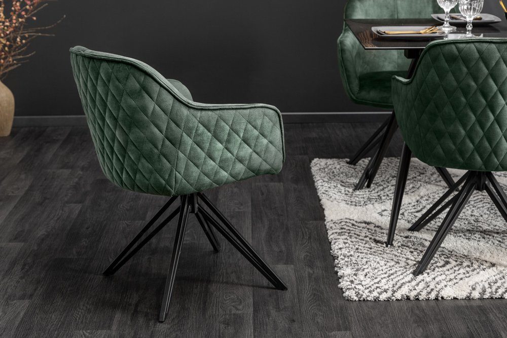 riess-ambiente Polsterstuhl EUPHORIA dunkelgrün/schwarz – Samt, drehbar, Metall-Füße, mit Armlehne (Einzelartikel, 1 St), mit 180° Drehfunktion und Autoreturn – ideal für elegante Esszimmer