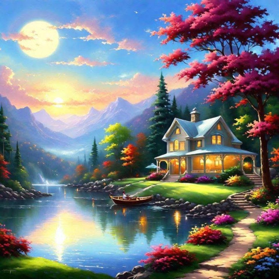 Rötting Design Malen nach Zahlen Diamond Painting Set 5D DIY Motiv idyllische Villa am See (Komplett-Set, Vollbild), Diamond Painting Vollbild, vollständiges Zubehörpaket