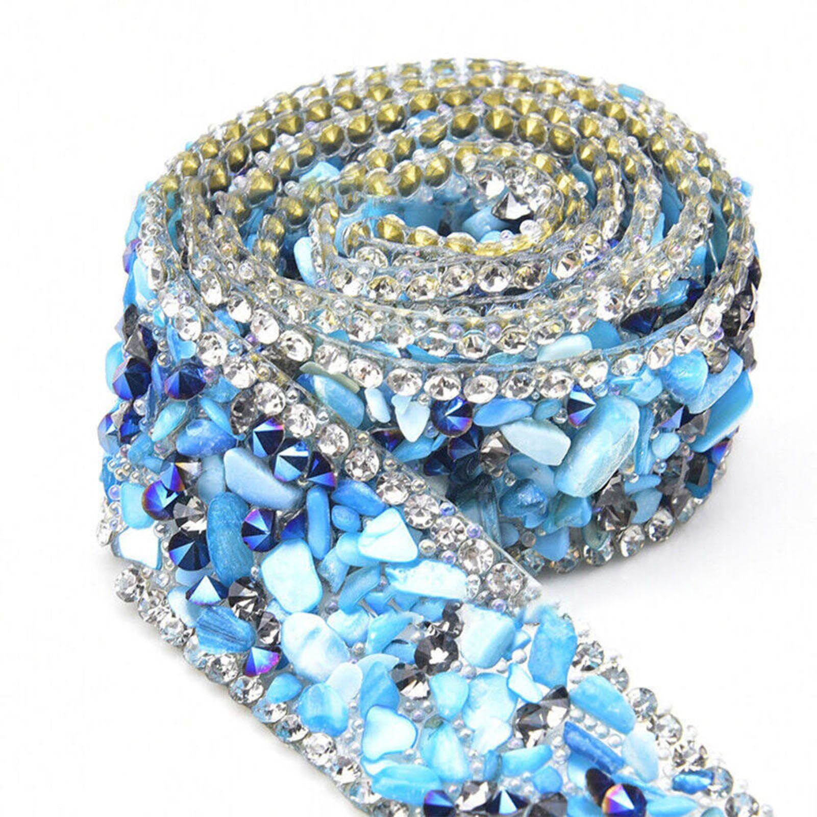 Blusmart Geschenkband 1M lang Bunte Kristalle, Glänzende Bänder Mit Strasssteinen Seeblauer Kies