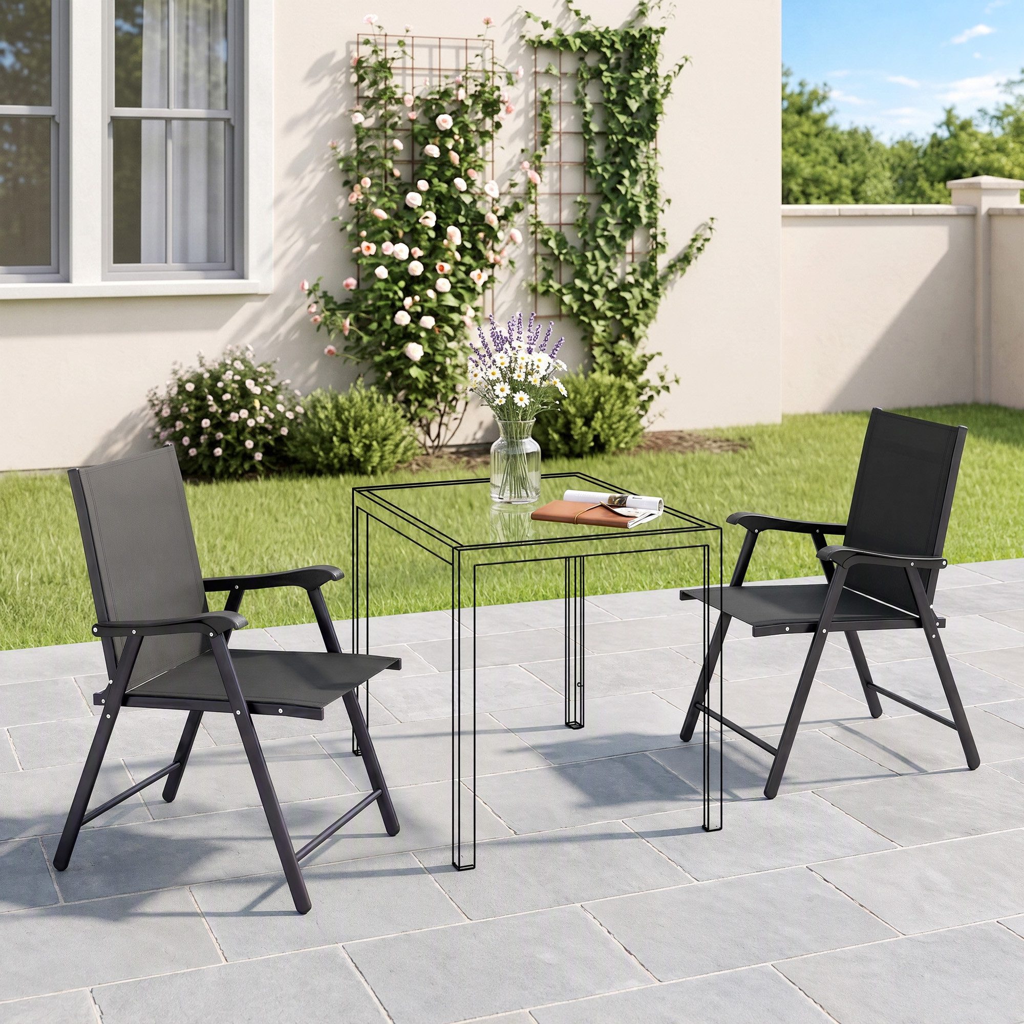 Outsunny Klappstuhl 2er-Set klappbar mit hoher Rückenlehne Armlehne Stahl Texteline (Gartenstuhl, 2 St), für Garten Balkon Terrasse Schwarz 58 x 62 x 97 cm