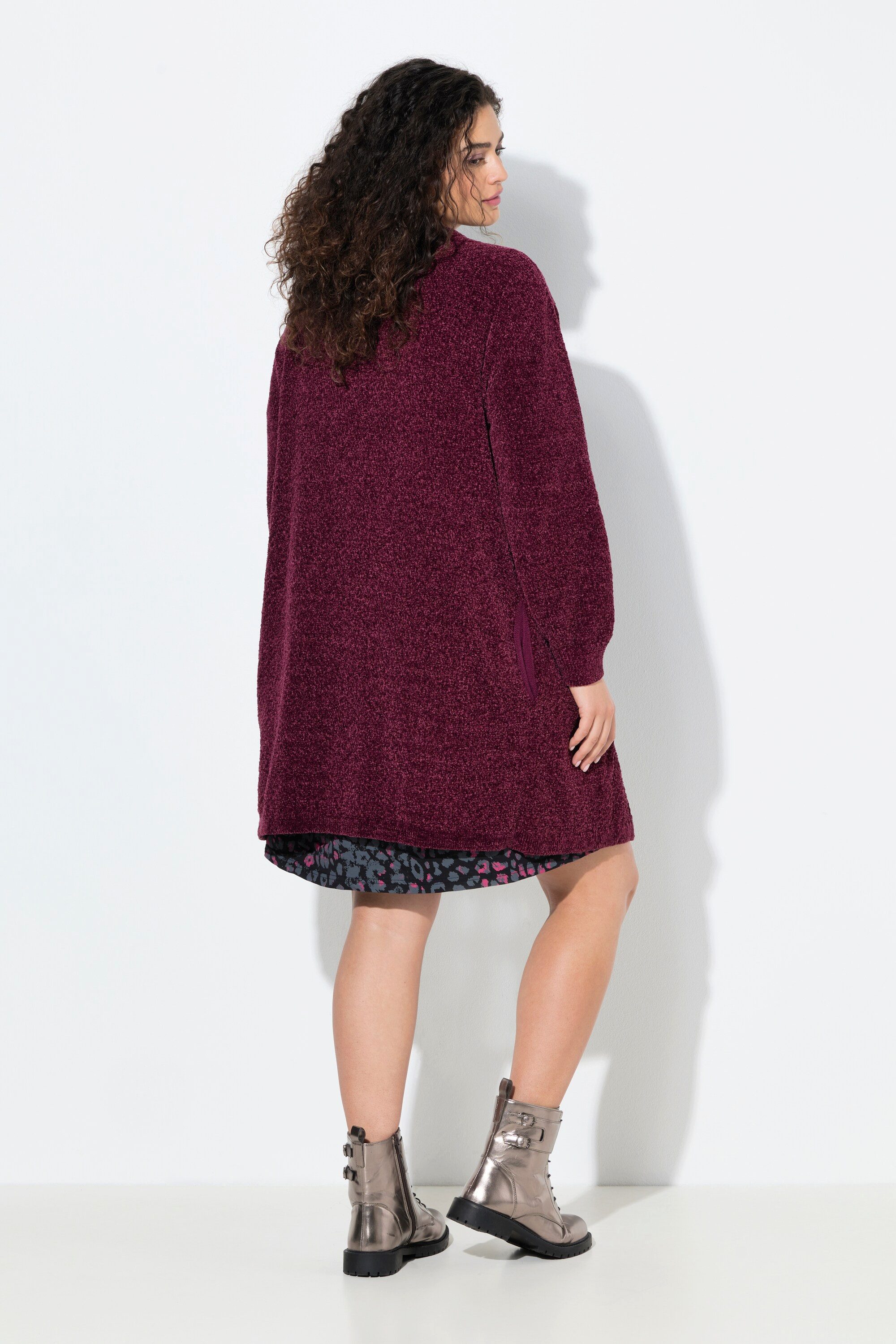 Ulla Popken Strickjacke Chenille-Strickjacke V-Ausschnitt offene Form