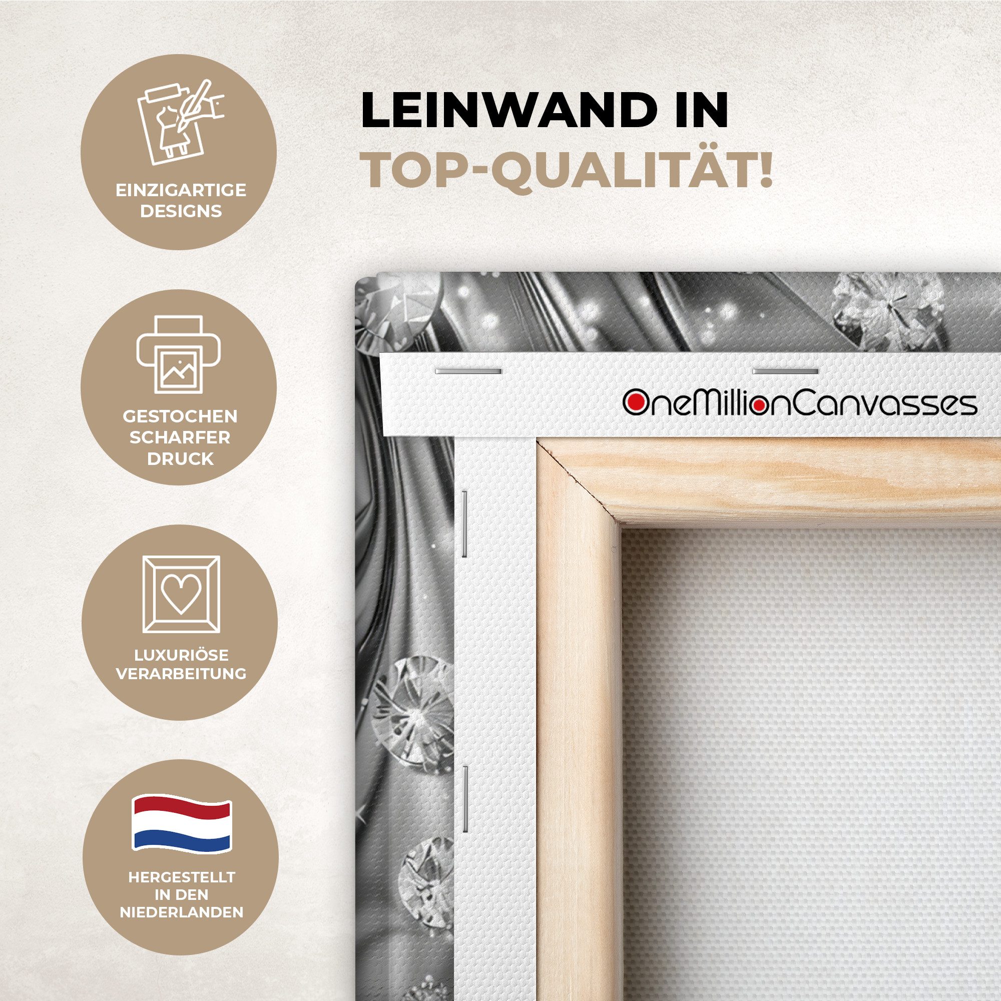 OneMillionCanvasses® Leinwandbild Abstrakt - Diamant - Luxus - Modern - Silber, Fotodruck (1 St), Leinwand Bilder Klein, Wand Dekoration Aesthetic 30x20 cm