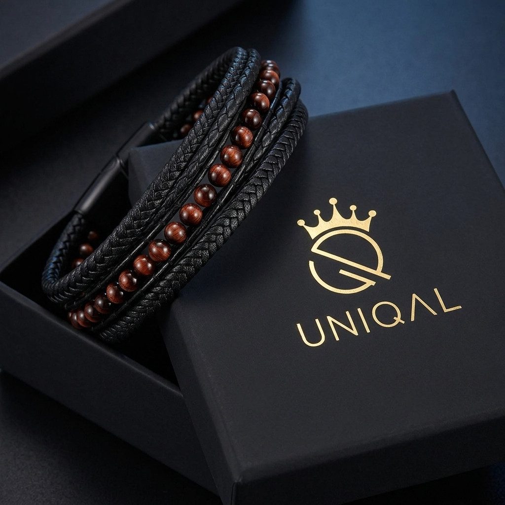 UNIQAL.de Lederarmband DELUXE – elegantes Unisex Natursteinarmband aus Echtleder (geflochten mit Magnetverschluss & Verlängerungsglied, edel, handgefertigt, hoc – Bild 2 von 5
