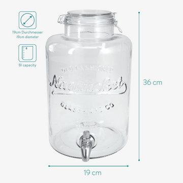 Navaris Getränkespender Glas-Wasserspender mit Zapfhahn und Bügelverschluss, 8 l