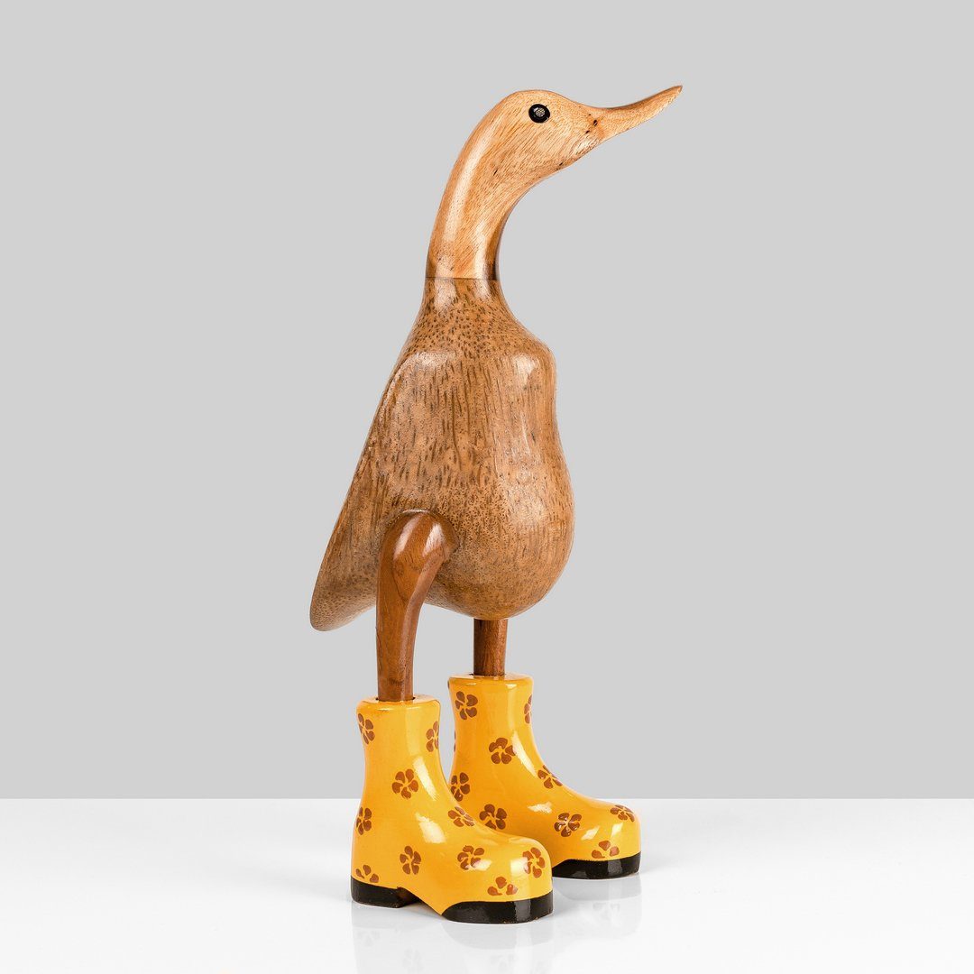 Rikmani Dekofigur Holzfigur Ente Stiefel Holzarten Dekoration 3 aus gelb_geblümt (3-er Handgefertigte Holz Geschenk - Set)