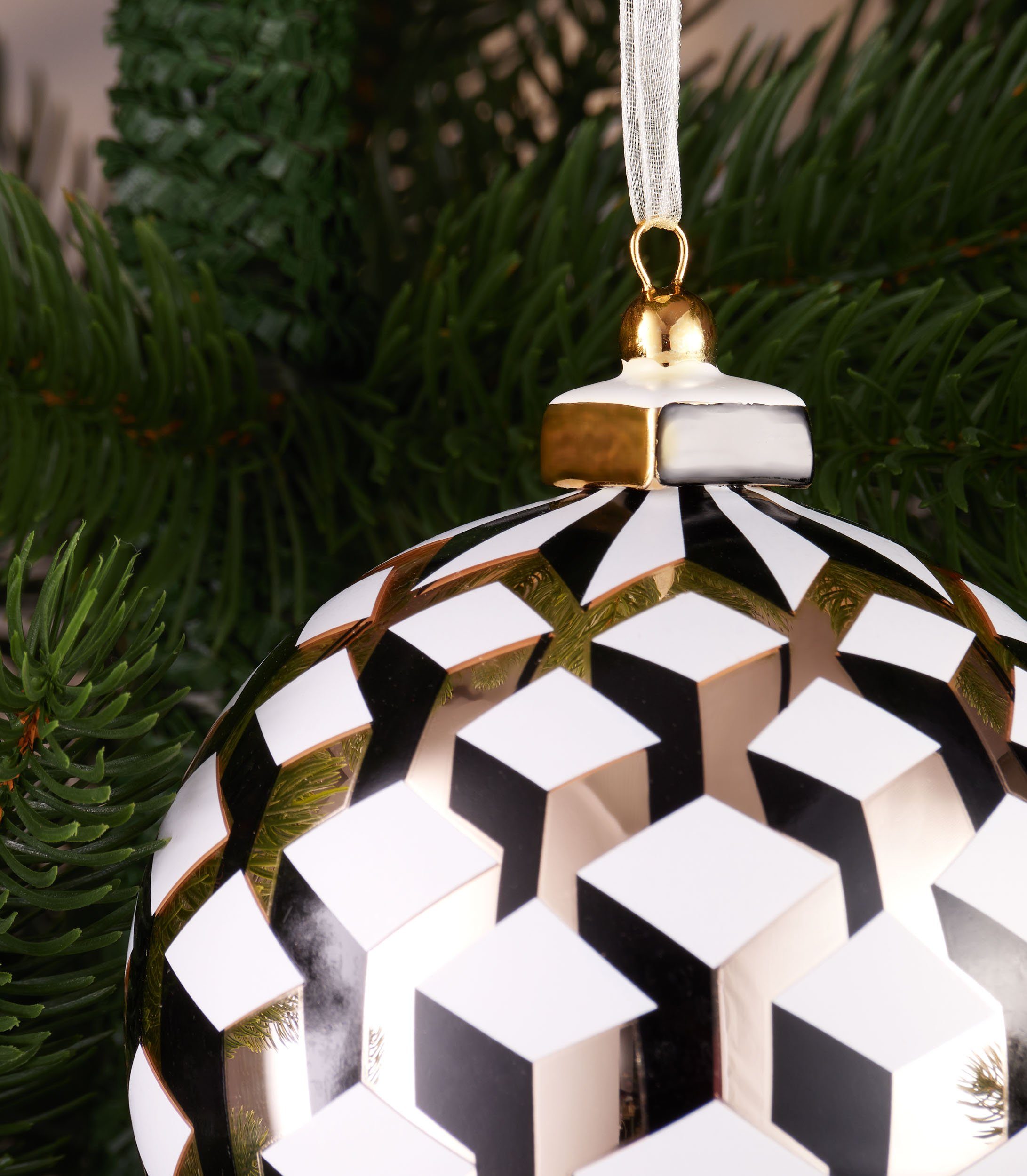 cm Gold, Spitze Glas St), BRUBAKER Weiß Schwarz Baumkugel Premium aus Weihnachtskugel Porzellan und Würfel Weihnachtsbaumkugel 10 mit 3D (1