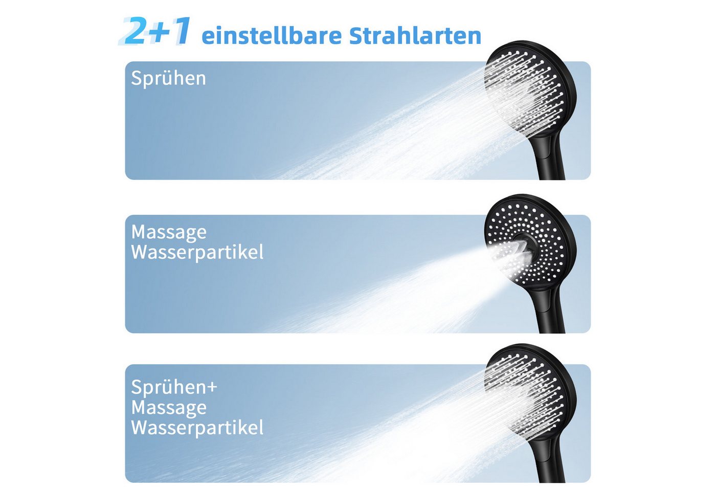 Thumbnail - ZMH Handbrause mit 1,5M Schlauch Duschkopf Schwarz/Nickel Rund mit 3 Strahlenden Bad, (Set, 3-tlg., Handbrause &1,5 m Sc...
