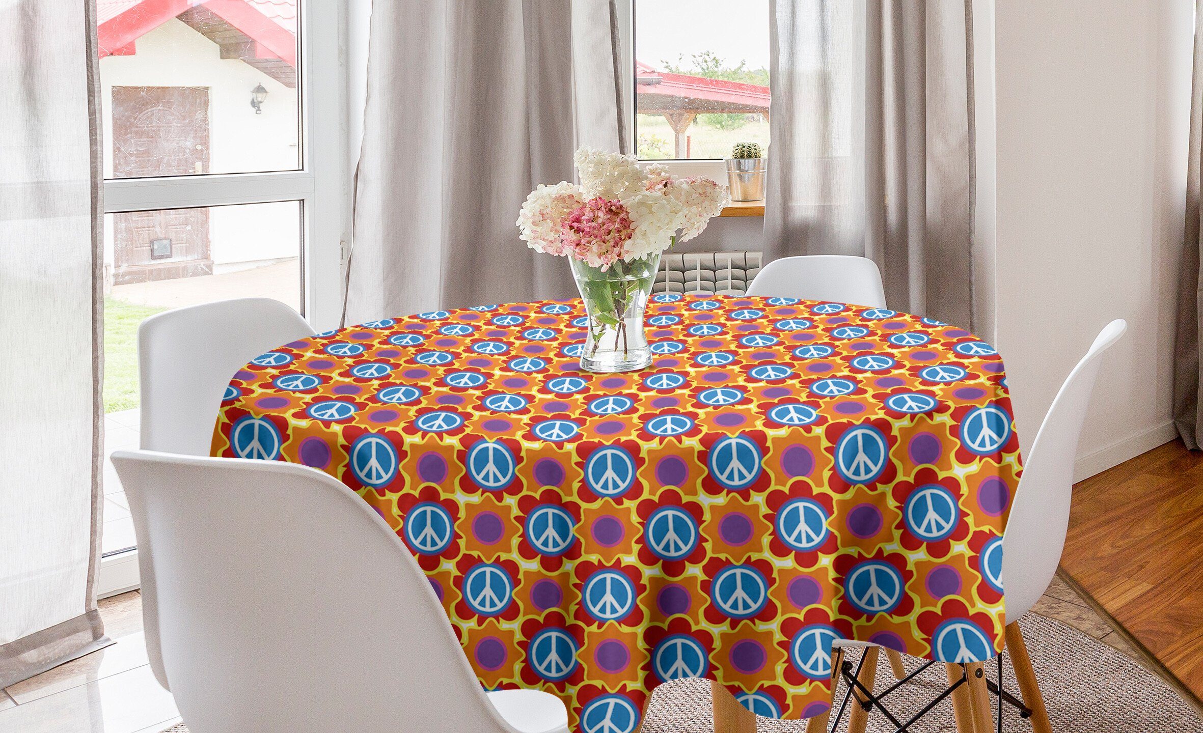 Tischdecke Hippie Funky Dekoration, Frieden Retro Groovy Abdeckung für Abakuhaus Küche Kreis Esszimmer Tischdecke