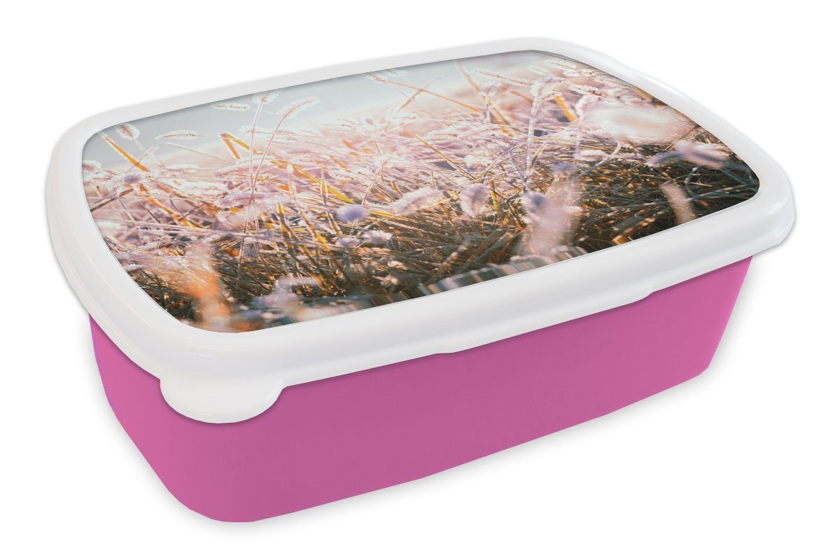MuchoWow Lunchbox Gras - Sonne - Winter - Schnee, Kunststoff, (2-tlg), Brotbox für Erwachsene, Brotdose Kinder, Snackbox, Mädchen, Kunststoff rosa