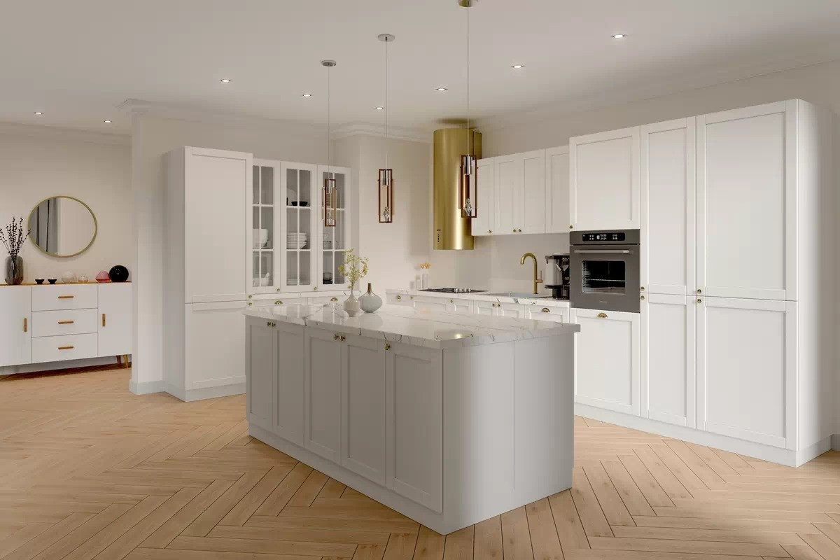 ROYAL24_MARKT Winkelküche Mit Insel - Linea - Weiß (Matt) K7-G180×400 cm., (Komplett Set), Hochwertig - Modern - Exklusiv.