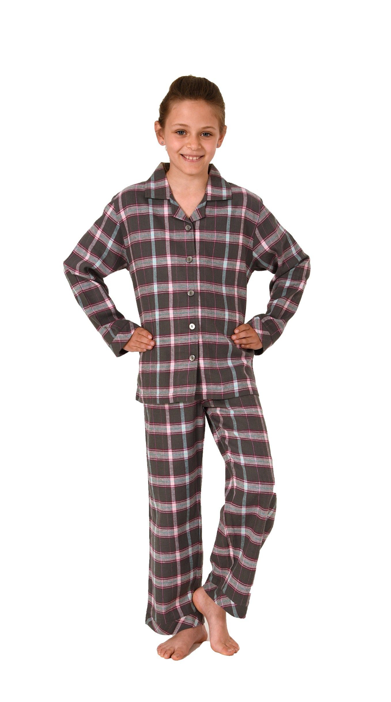Normann Pyjama »Mädchen Flanell Pyjama langarm Schlafanzug in Karo Optik  mit Knopfleiste - 222 401 15 851«