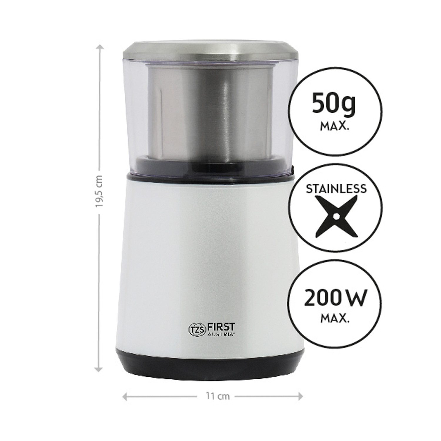 TZS FIRST AUSTRIA Kaffeemühle 2in1 elektrische Zerkleinerer für Kaffeebohnen, Gewürze 4 Klingen 200W, 200 W, 50 g Bohnenbehälter