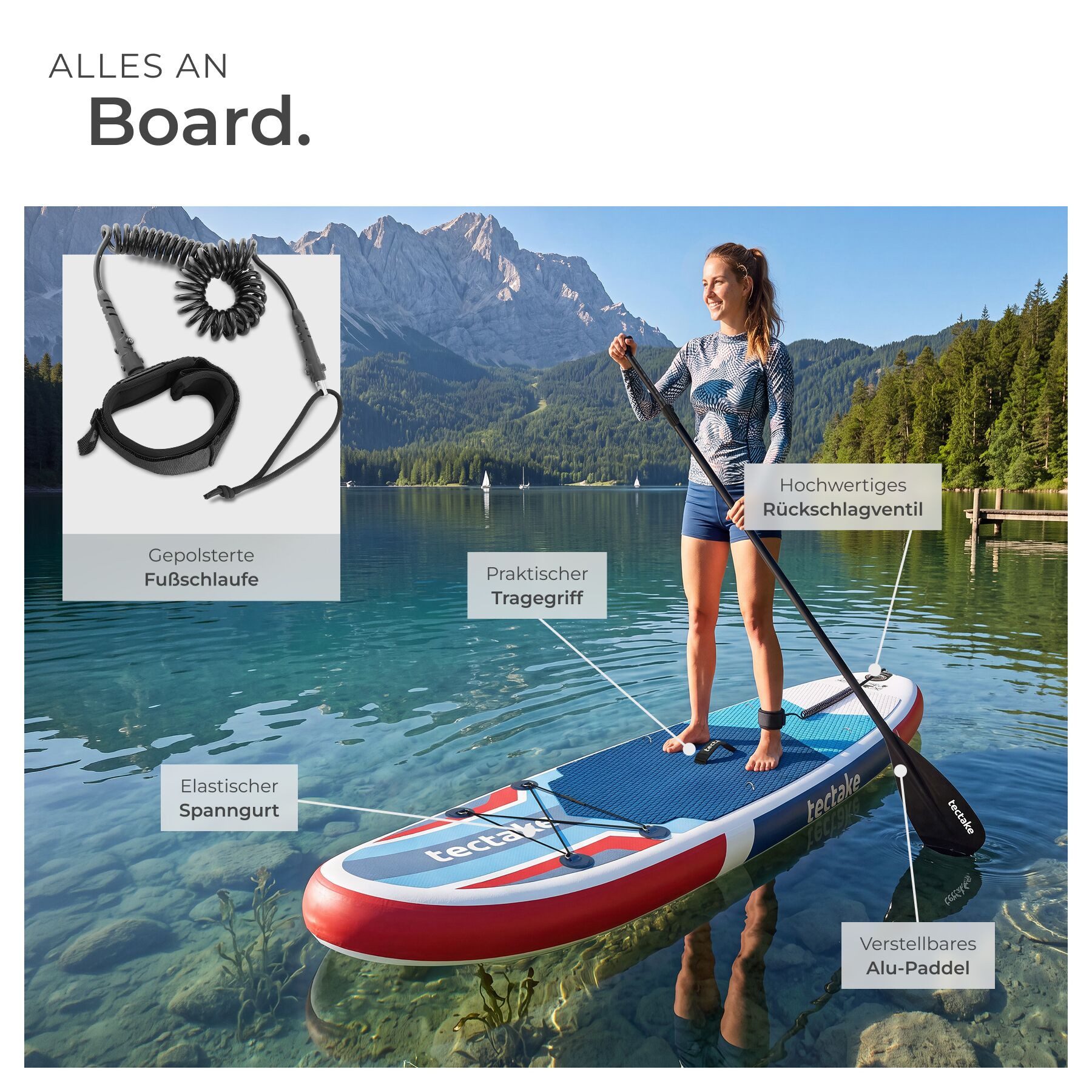 tectake SUP-Board Aufblasbares Paddle Board 2in1, Drop-Stitch, belastbar, Komplettset, Stand-up Paddle, (Sup Board Mit Kajaksitz Poseidon, in Rot/blau), Inkl. verstellbares Doppelpaddel und Kajak-Sitz für flexiblen Einsatz