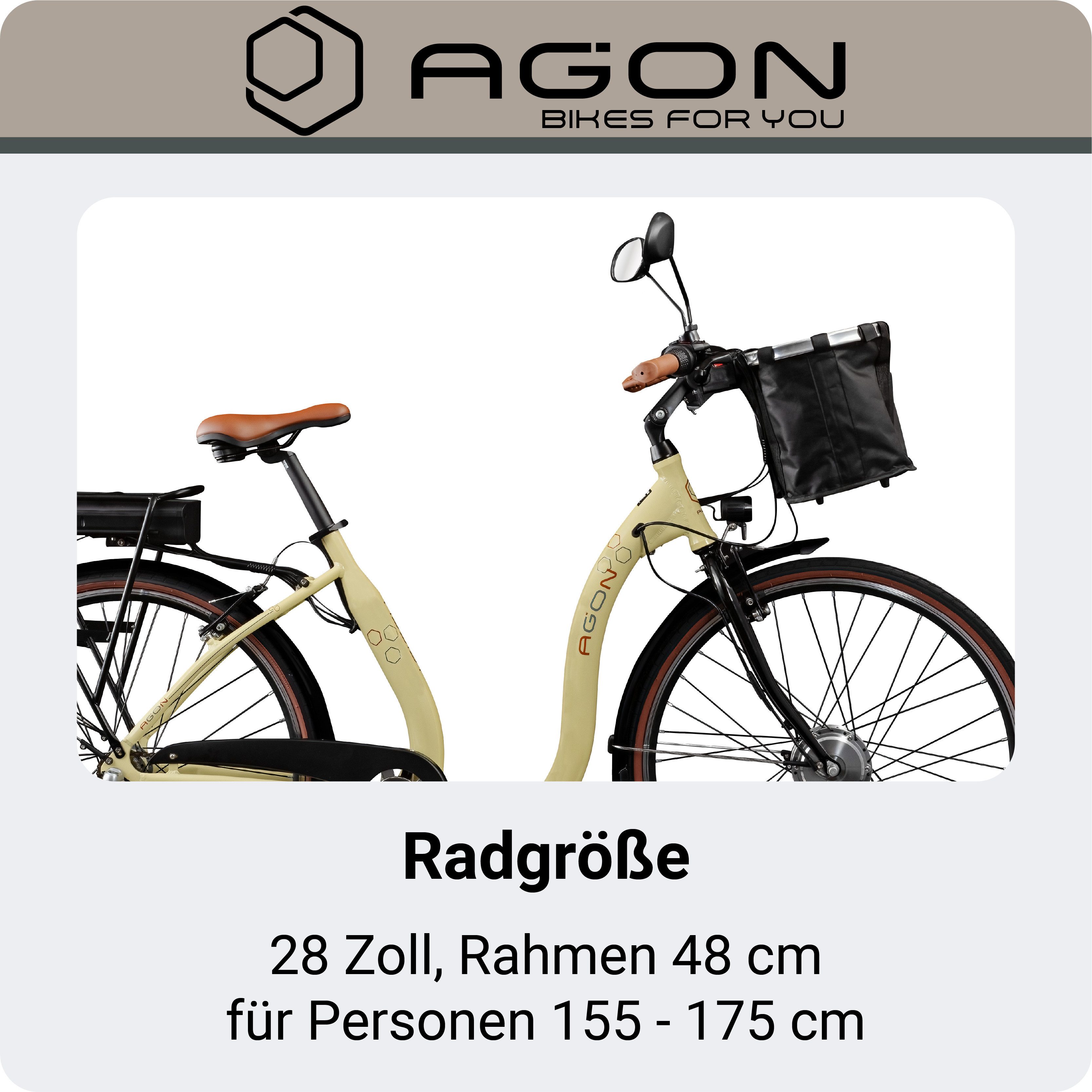 AGON E-Bike Cityrad Assist, 3 Gang, Nabenschaltung, Frontmotor, 374 Wh, tiefer Einstieg