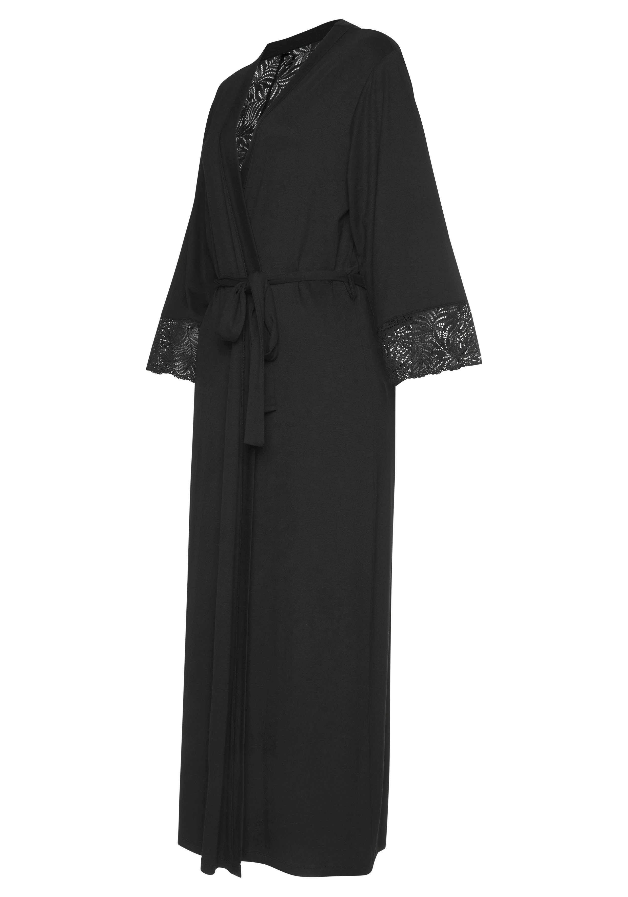 schwarz mit Langform, Single-Jersey, Kimono, Gürtel, LASCANA Spitzendetails edlen