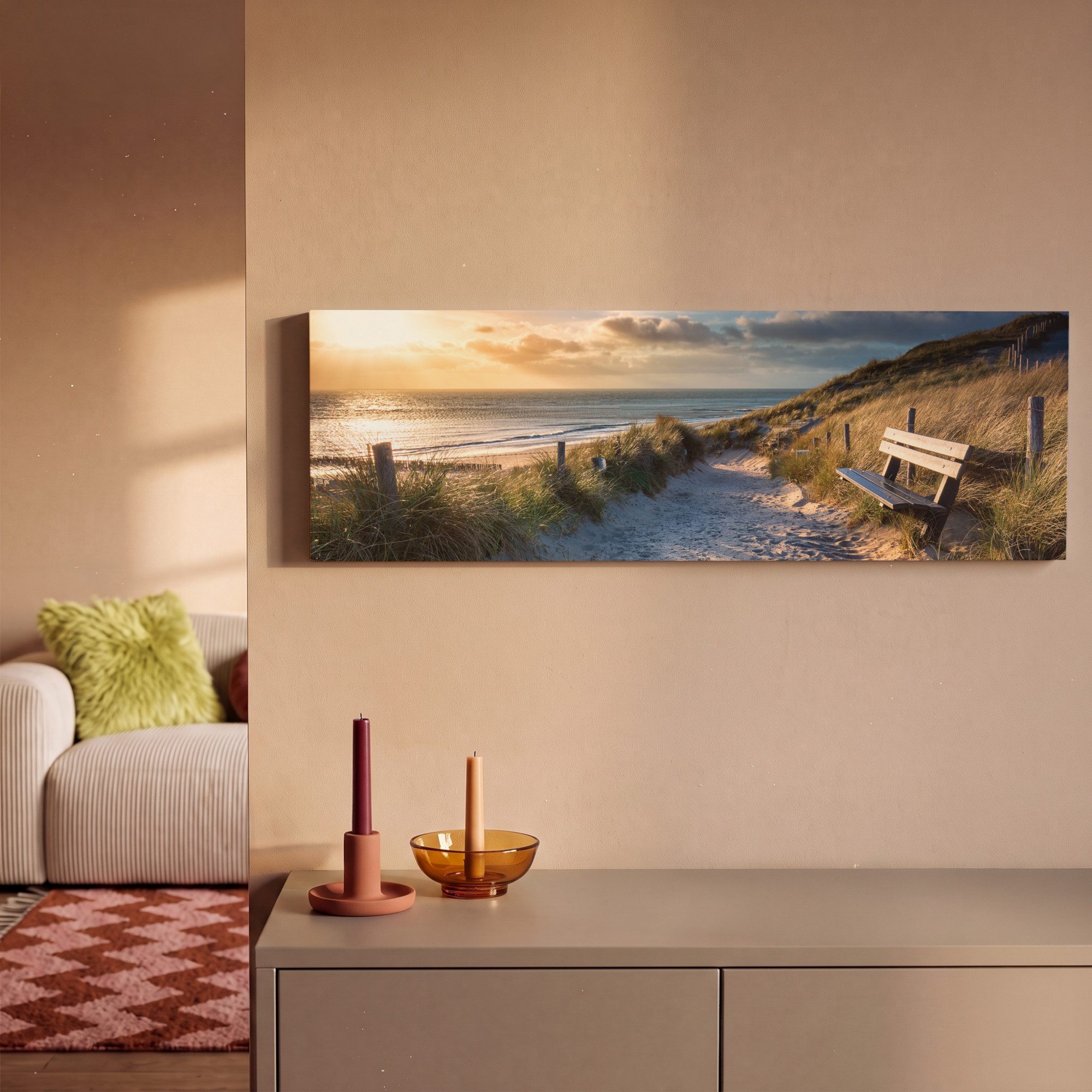 OneMillionCanvasses® Leinwandbild Panorama Sonnenuntergang - Strand - Düne - Gras - Bank, Fotodruck (1 St), Wandbild, Deko Schlafzimmer Wohnzimmer Flur 60x20 cm – Bild 2 von 5