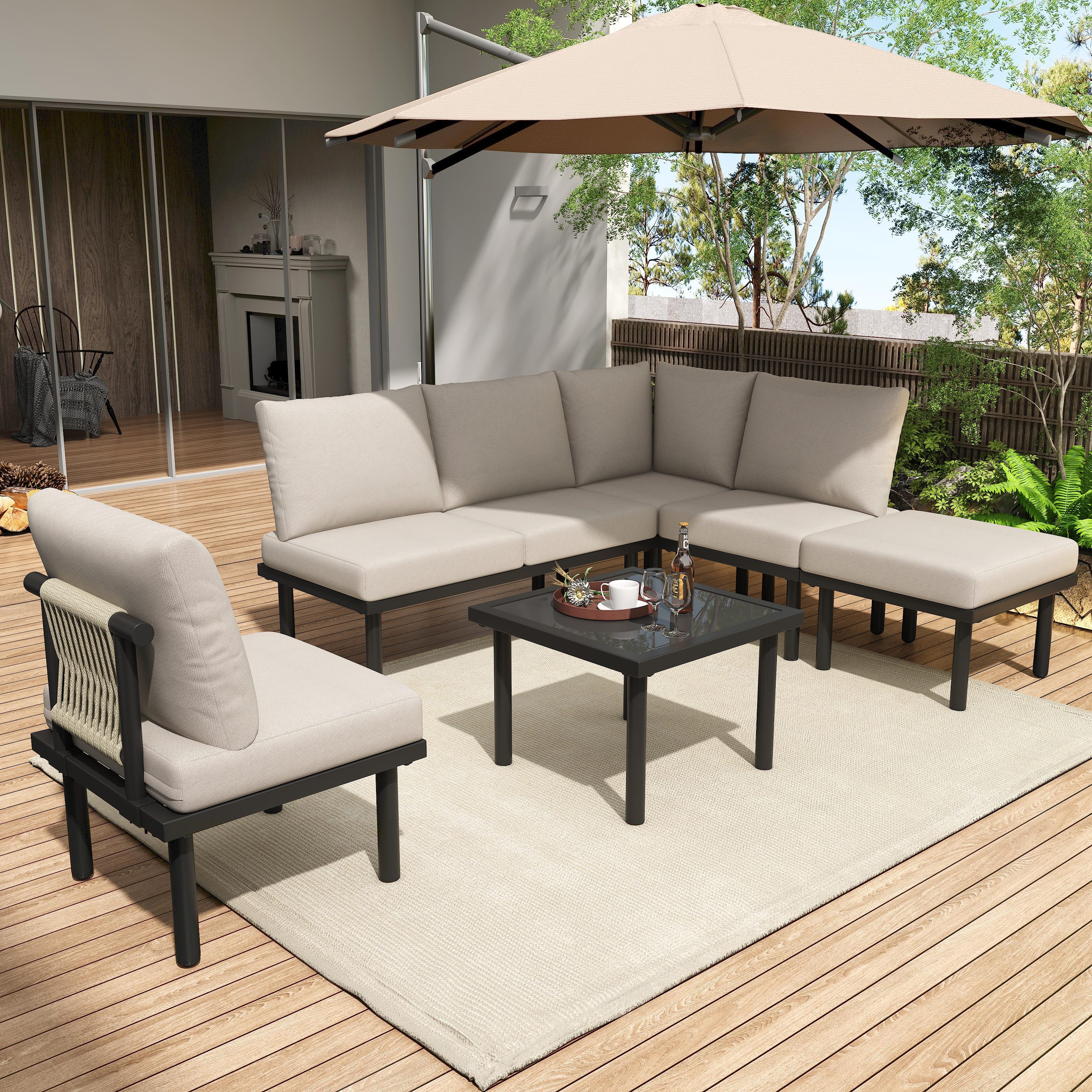 HAUSS SPOLE Gartenlounge-Set 6er-set mit verstellbare Füße Rahmen aus Eisen, Tisch, Kissen, Beige, (6-tlg., 2 Sitzer Bank, 1 Eckbank, 2 Stühle, 1 Hocker, 1 Couchtisch), mit verstellbare Füße, Tischplatte aus glattem Glas