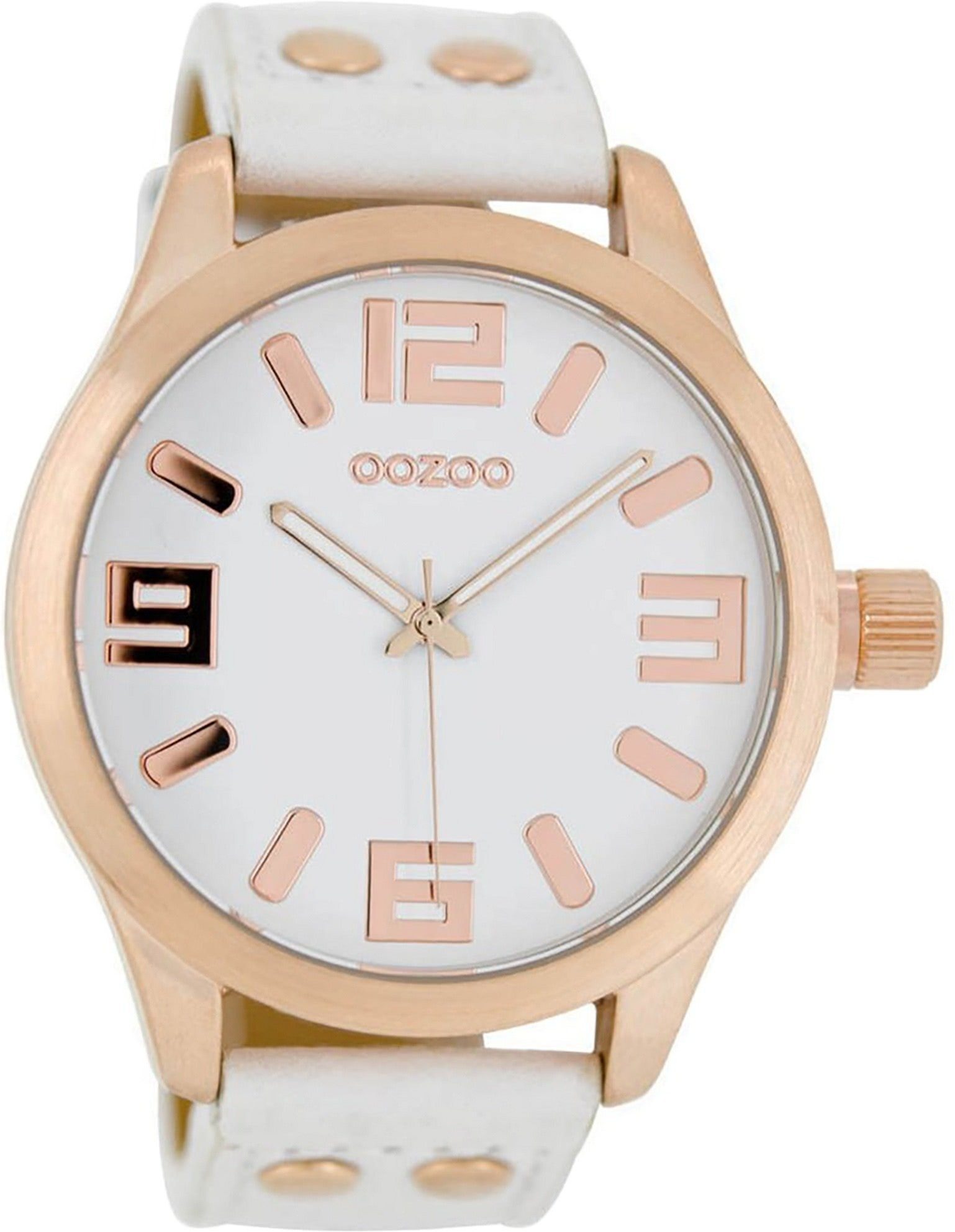 OOZOO Quarzuhr Oozoo Quarz-Uhr Damen rose Timepieces, Damenuhr Lederarmband weiß, rundes Gehäuse, extra groß (ca. 46mm)