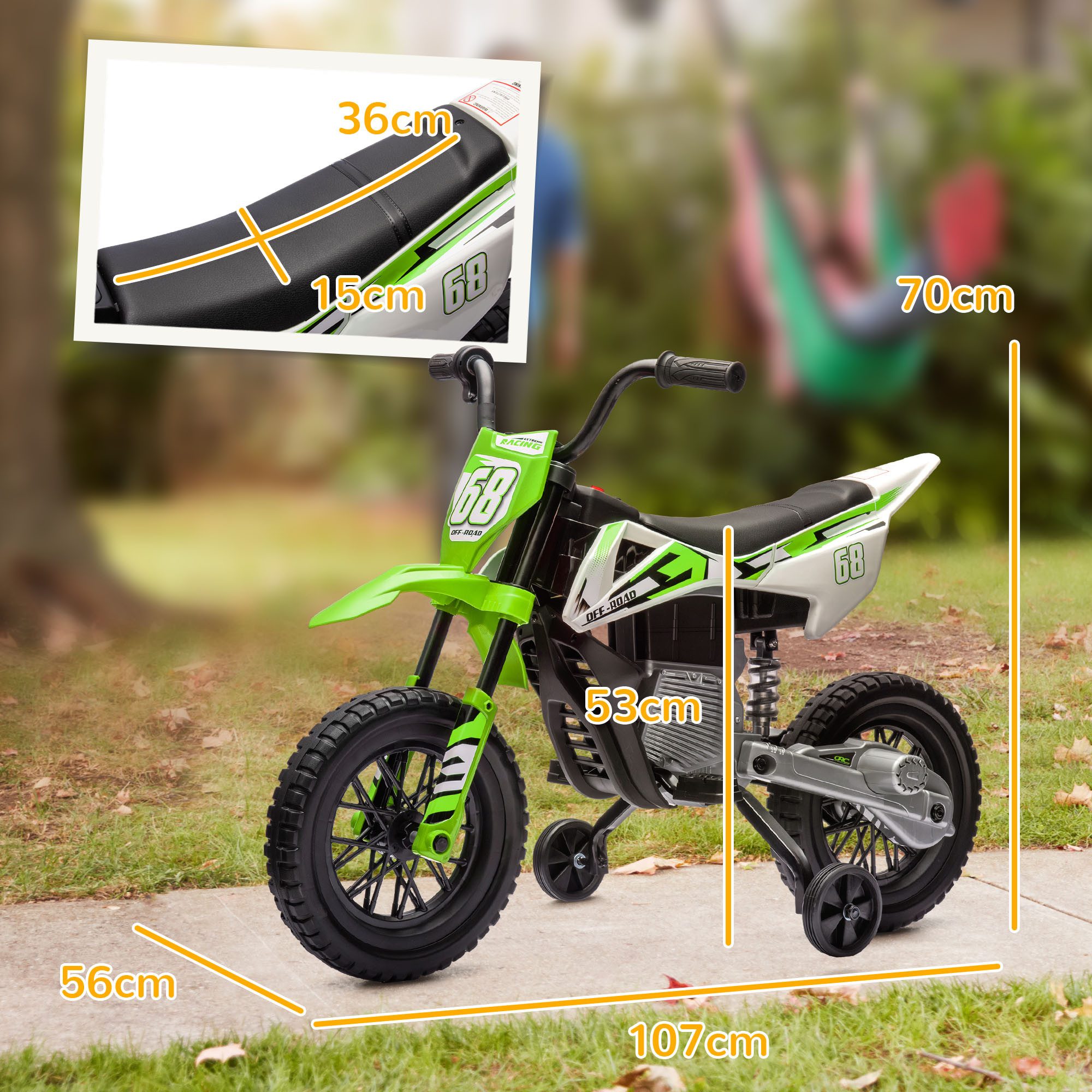 AIYAPLAY Elektro-Kindermotorrad 12V, mit Musik, abnehmbar Trainingsrädern, 2,4-5 km/h, Belastbarkeit 30 kg, (1-tlg), für 3-6 Jahre Kinder, max. 30 kg, Grün