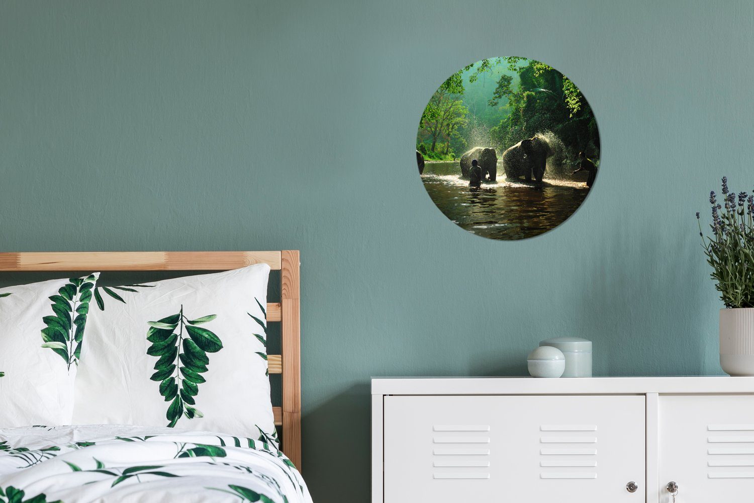 Gemälde (1 MuchoWow Rundes - - Grün cm - Wandbild, Bäume Forex, Kreis Wohnzimmer, - Tiere, Wanddekoration St), Wasser 30x30 Elefant