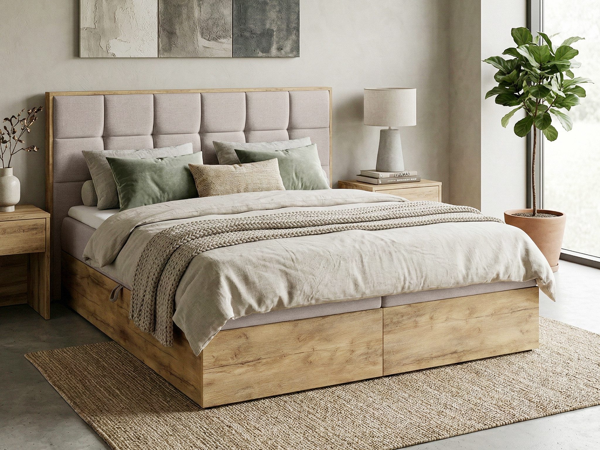 Beautysofa Boxspringbett WOOD1 mit Bettkasten & Topper (Hoher Schlafkomfort, Polsterbetten 160x200), Modernes Doppelbett in Beige