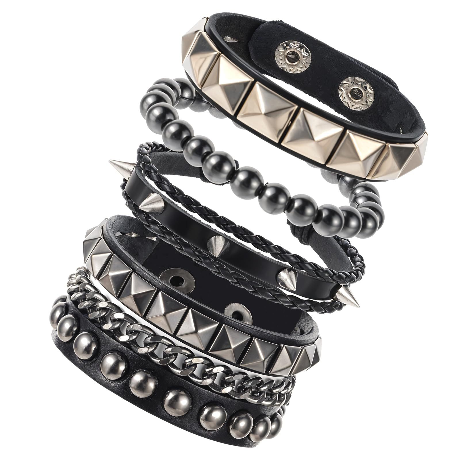 Zaewry Armband 4/6-teiliges Punk-Armband-Set für Herren, Schwarzes Lederarmband, Gothic geflochtener Armreif