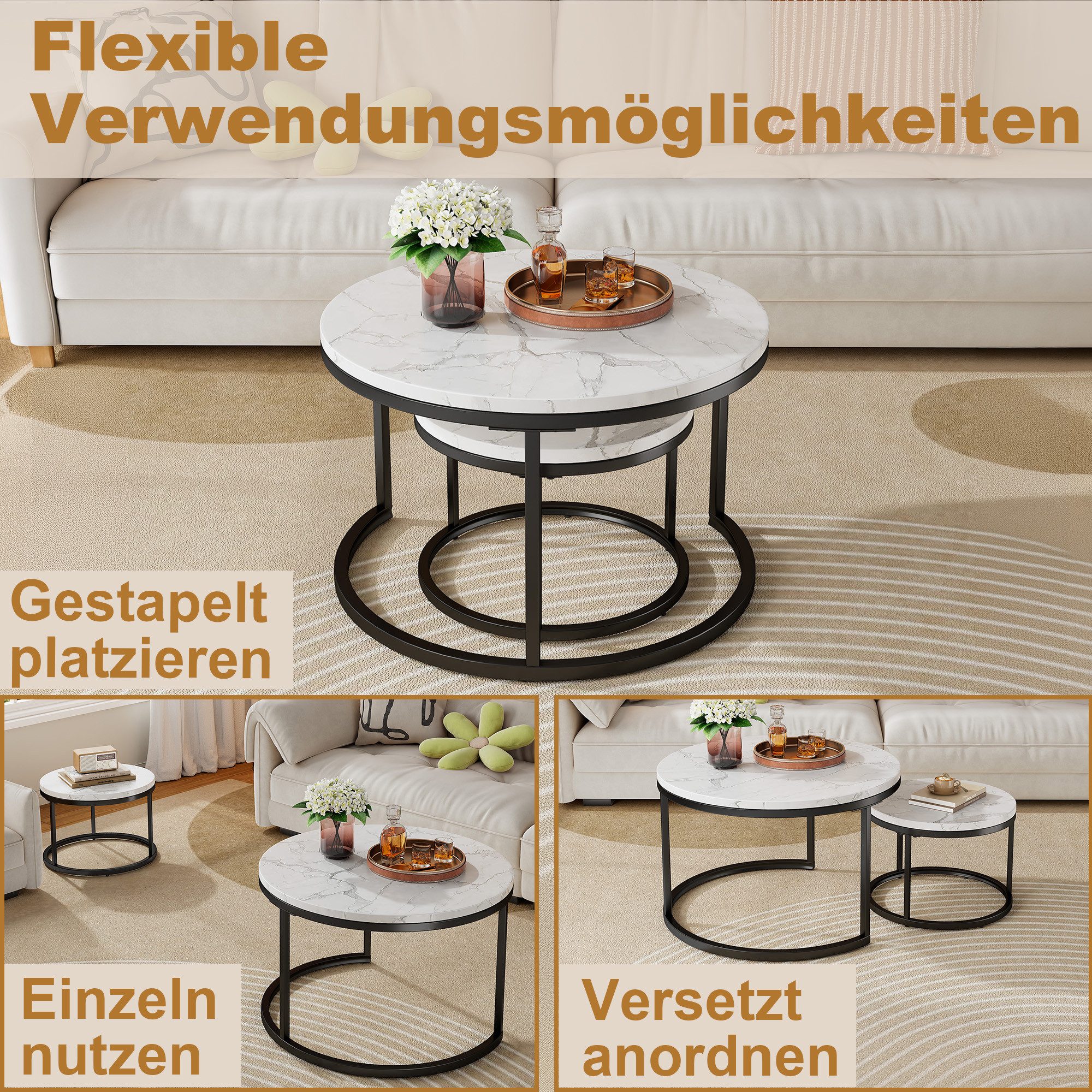 OKWISH Couchtisch Set 2-tlg 70x45 / 45x35 cm Marmoroptik schwarz Metall (Packung, 2-St., Stabiler Metallrahmen mit rutschfesten Füßen, kratzfeste Oberfläche), P – Bild 5 von 5