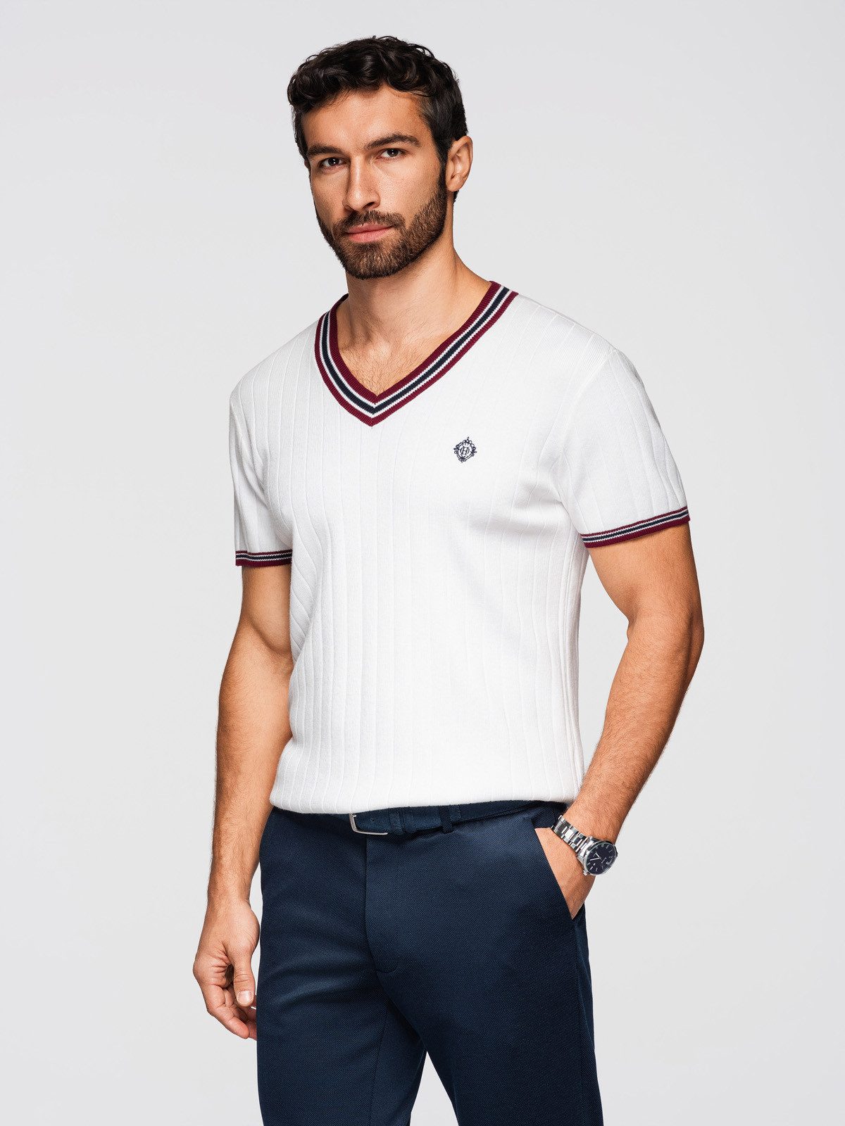 T-Shirt Herren Viskose T-Shirt mit V-Ausschnitt Weiß M