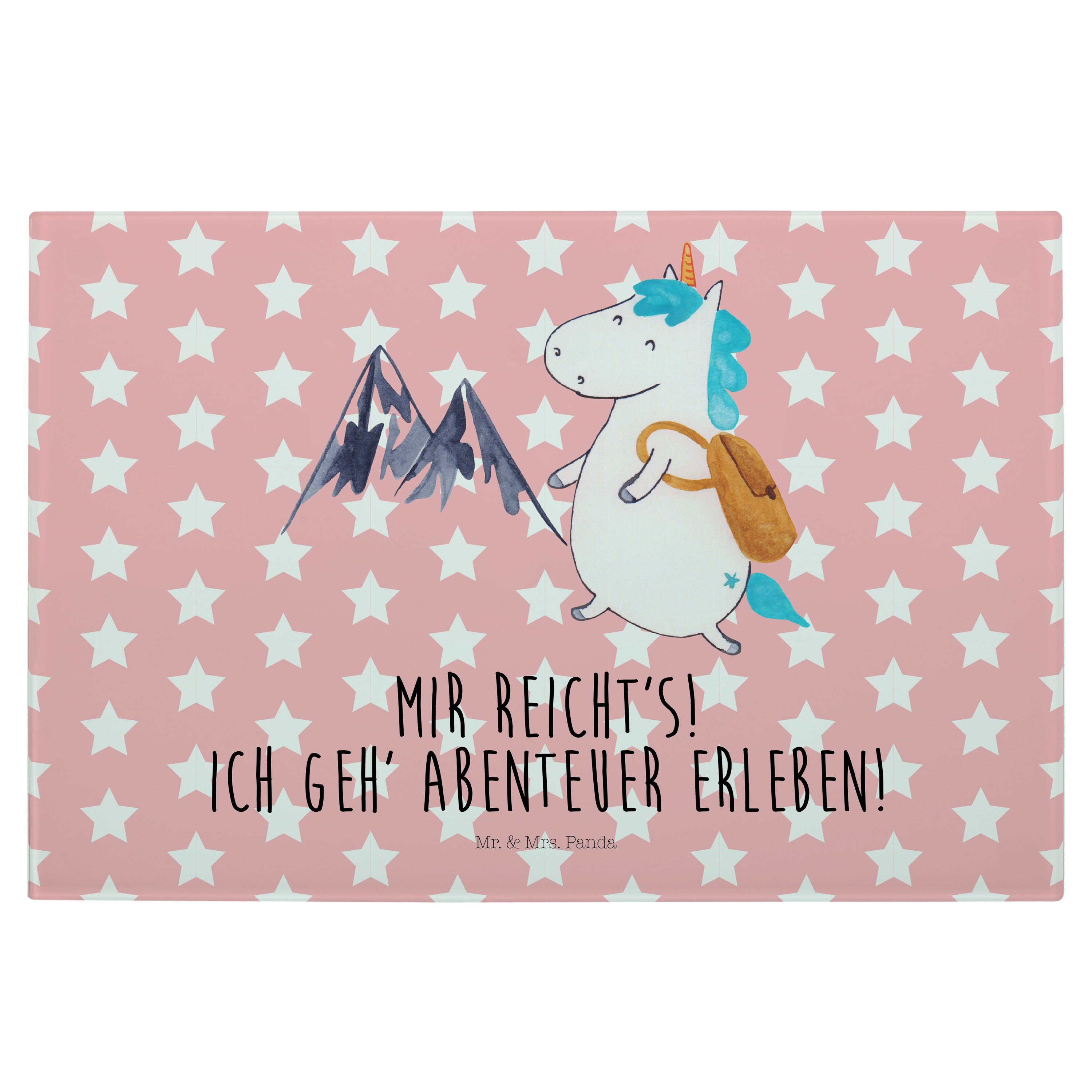 Beliebte Neuheiten Mr. & Panda Einhorn Bergsteiger Weltenbummler, (1-St) Mrs. Pastell Rot Geschenk, - Unicorn, Glas, Servierbrett - Premium