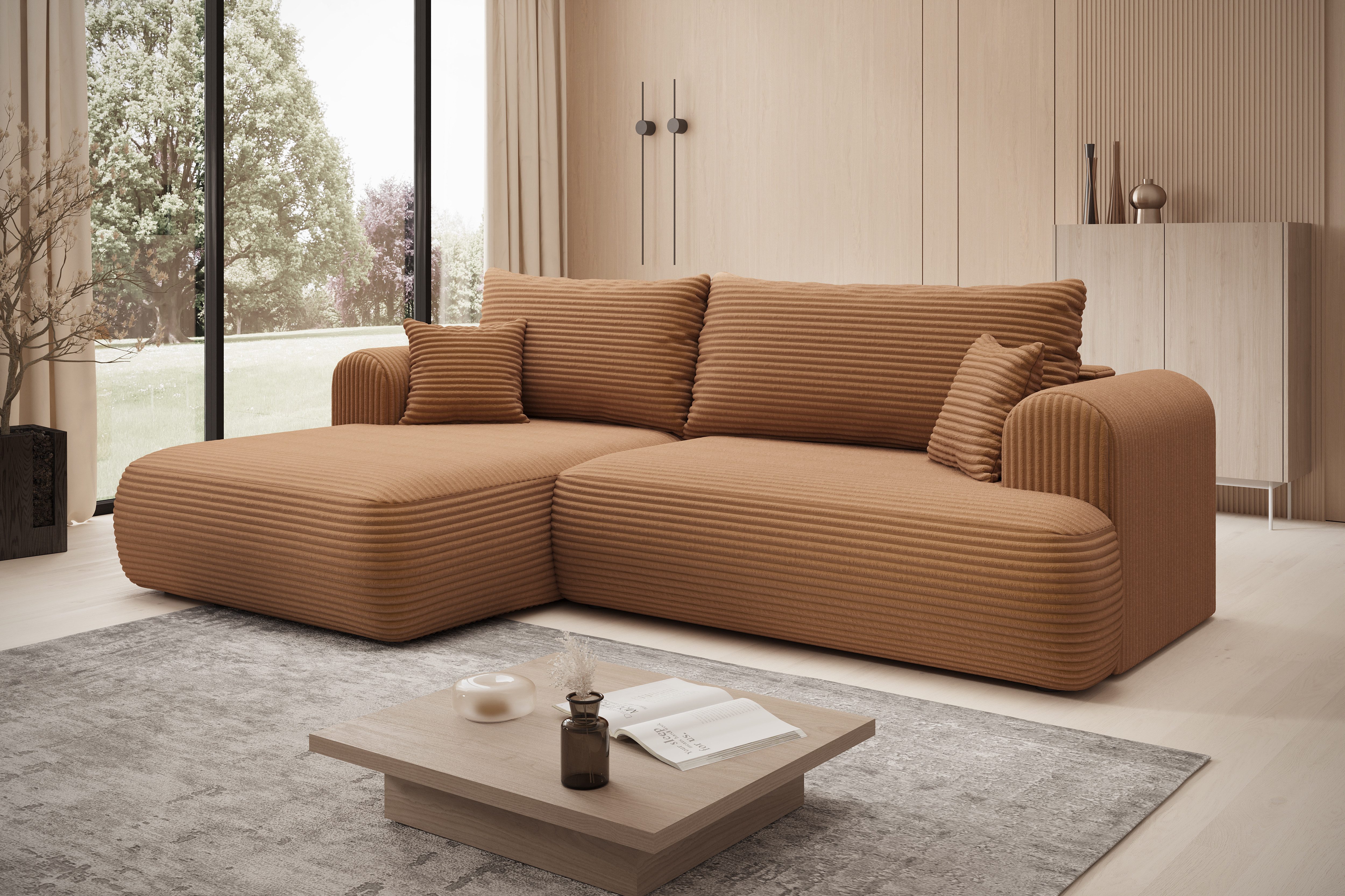 thematys Ecksofa mit Schlaffunktion und Bettkasten, L-Form, Cord und Bouclé + 2 Kissen, 260 x 165cm - Luxus Couch mit Bettfunktion mit Bonnellfedern