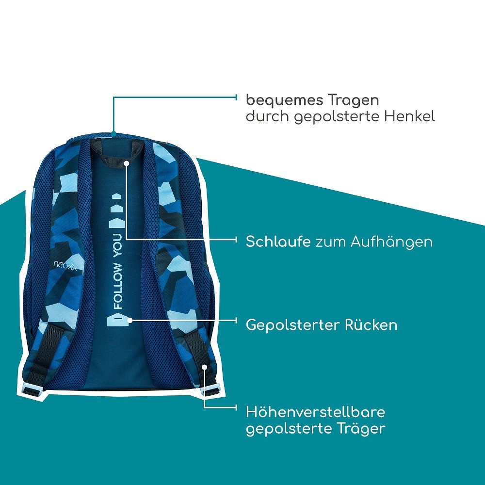 neoxx Schulrucksack Modell "Fly" in blau camouflage mit Tarnmuster, ab der 3. Klasse (Set, 4-tlg., inkl. Schlamper, Alu-Trinkflasche und Regenschutz-Hülle), ergonomisch; gepolstert; leicht; 27L Volumen