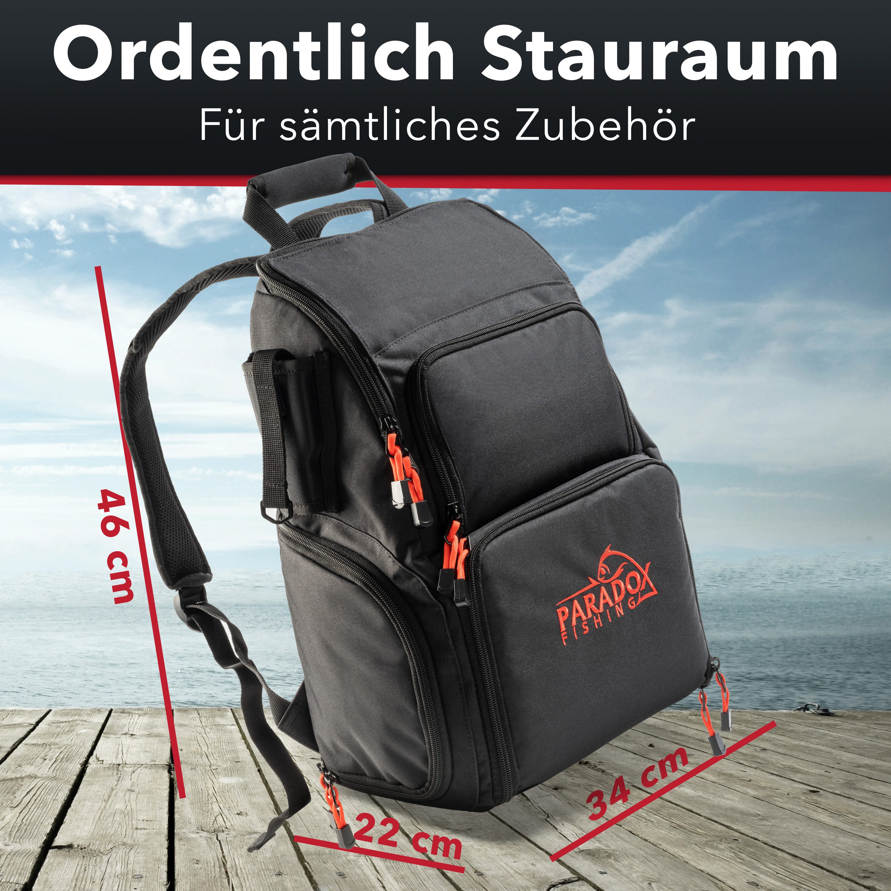 Paradox Fishing Angelrucksack (5-tlg., mit 4 Boxen, 46*34*22cm), wasserdichter Boden, Zangenhalterung