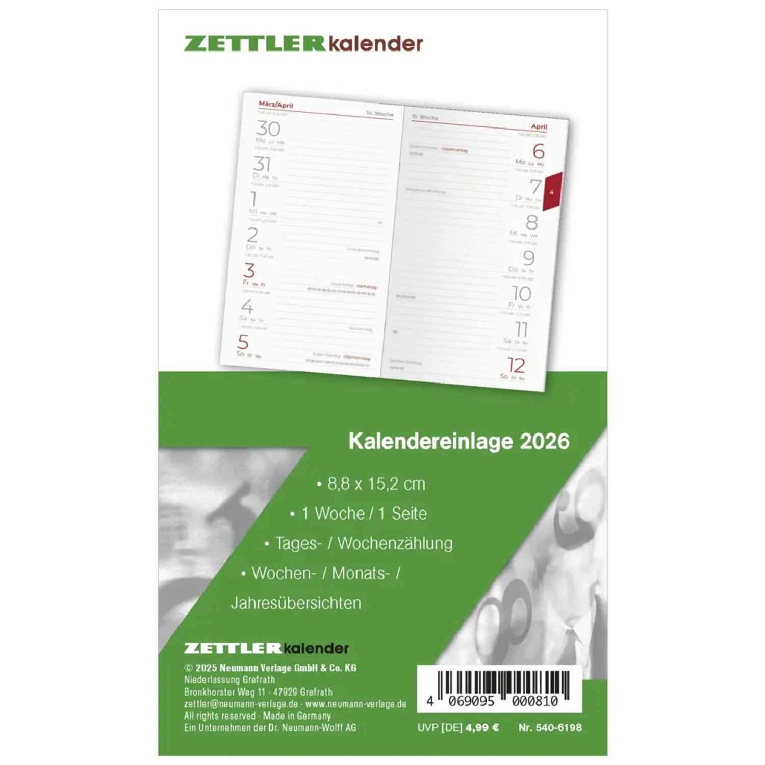 ZETTLER Taschenkalender Zettler Kalenderersatzeinlage TP 1W/1S 2026 - Ersatzkalendarium 9 ×...