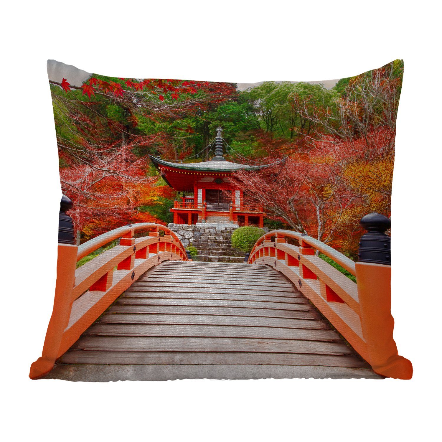 MuchoWow Dekokissen Brücke - Pagode - Japanisch - Rot - Natur, Kissenbezüge, Kissenhülle, Dekokissen, Dekokissenbezug, Outdoor