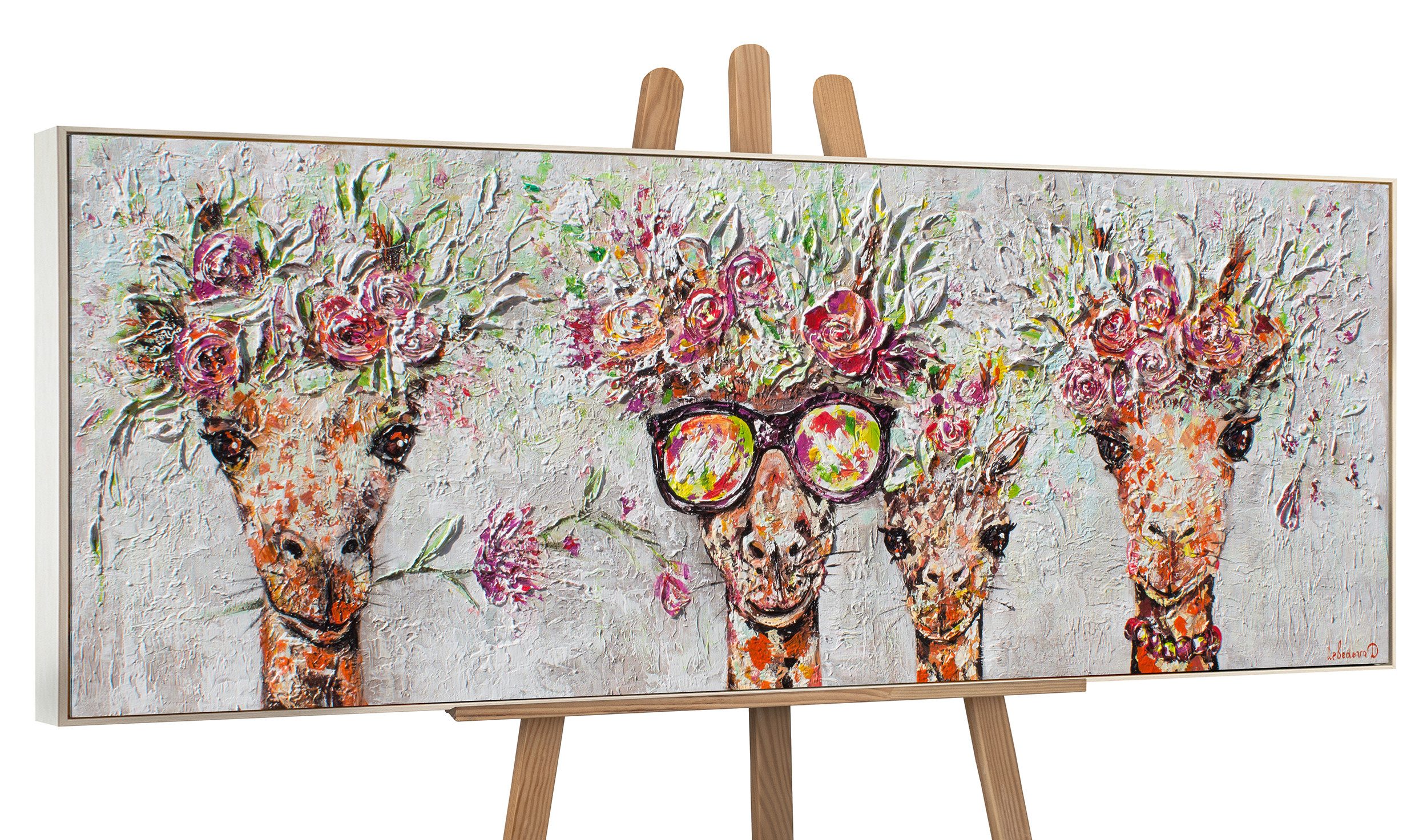YS-Art Gemälde Giraffen, Tierbilder, Bunte Giraffen Leinwand Bild Handgemalt Brille Braun Blumen