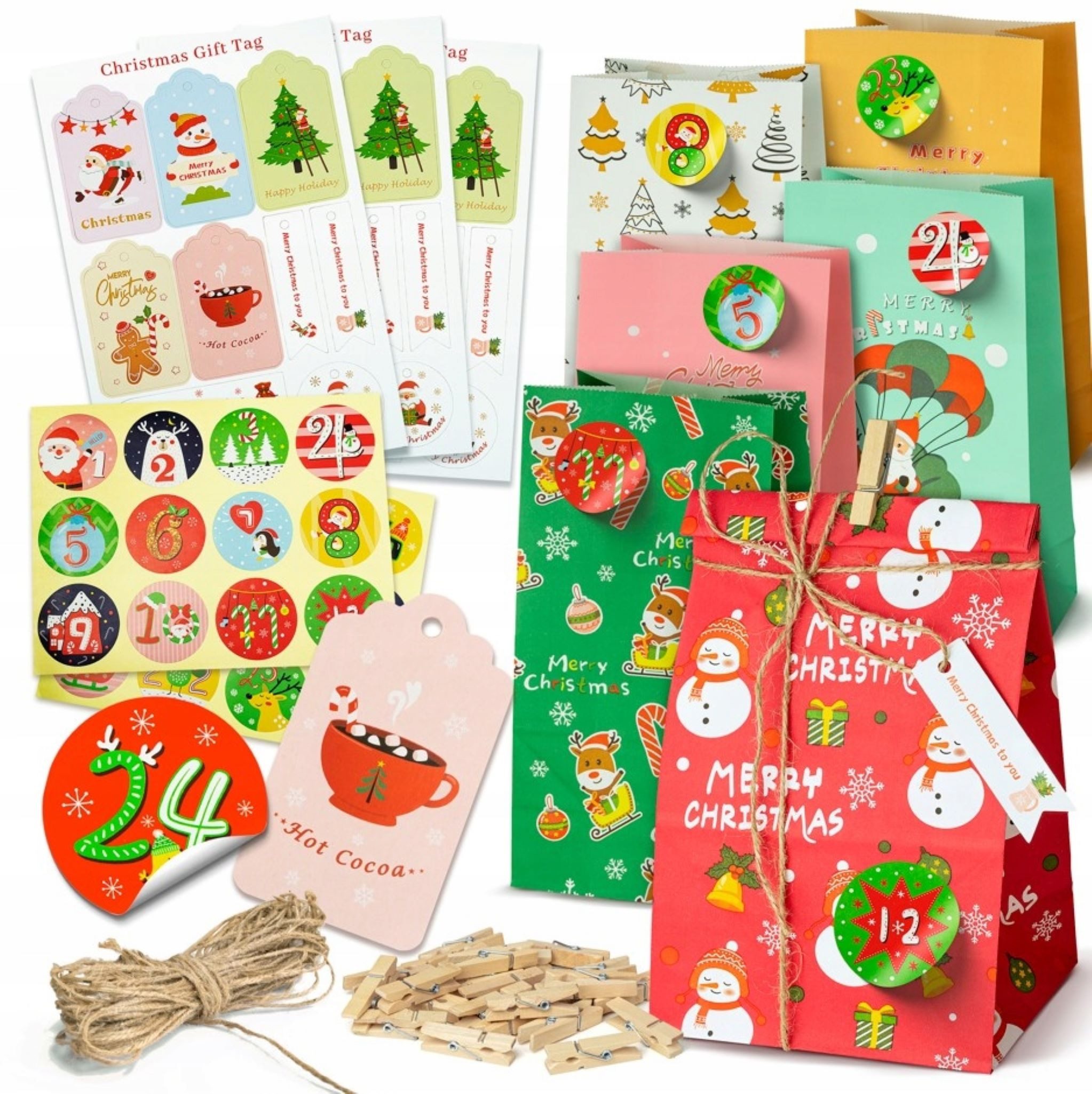 Festivalartikel Adventskalender Adventskalender für Kinder, umweltfreundlich, farbenfroh, Papierbeutel