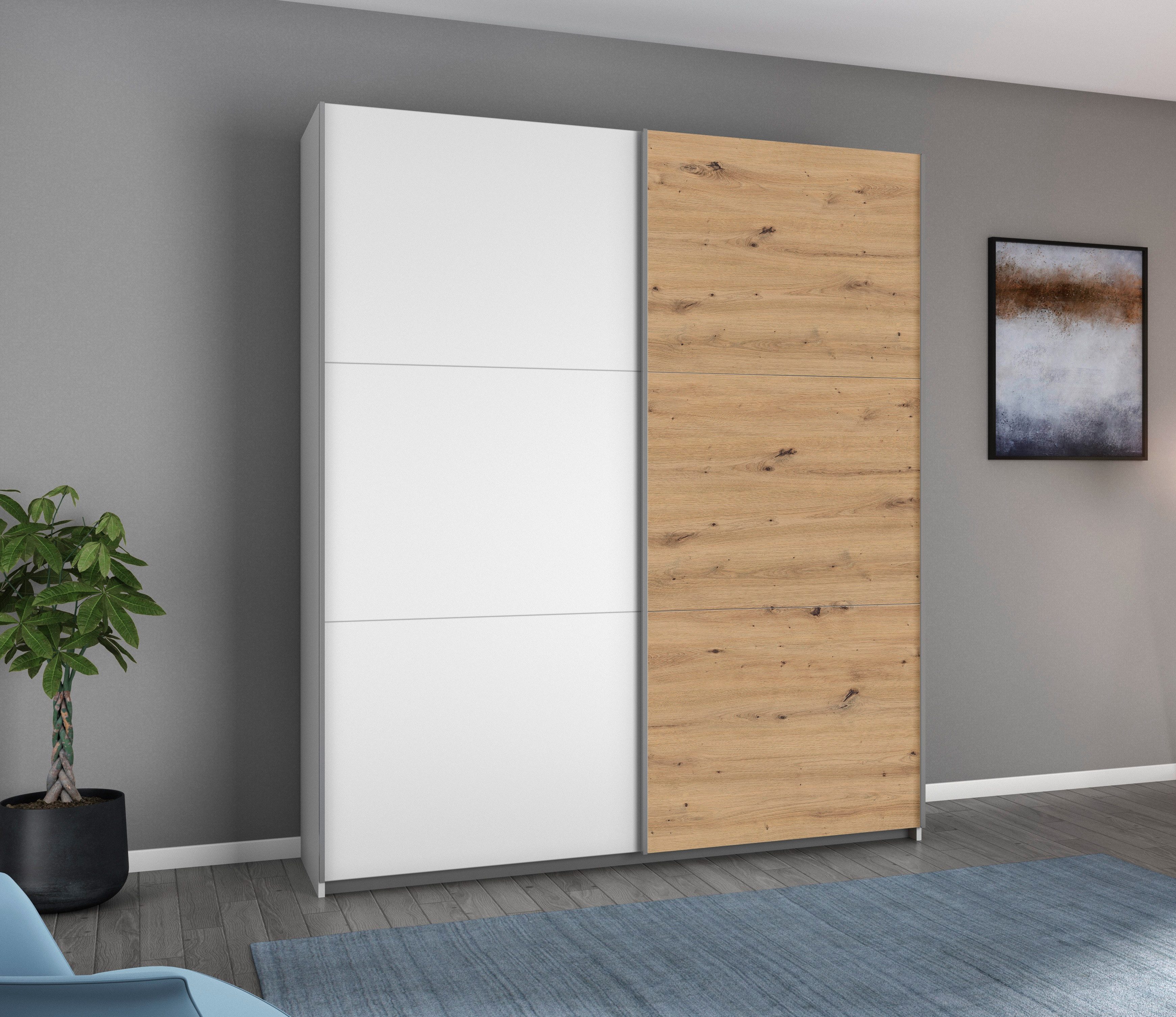rauch Schwebetürenschrank AURELIO Kleiderschrank Garderobe (3 Ausstattungen BASIC/CLASSIC/PREMIUM (inkl. SOFT-CLOSE-FUNKTION) 3 verschiedene Ausstattungsvarianten Griffe aus Metall MADE IN GERMANY