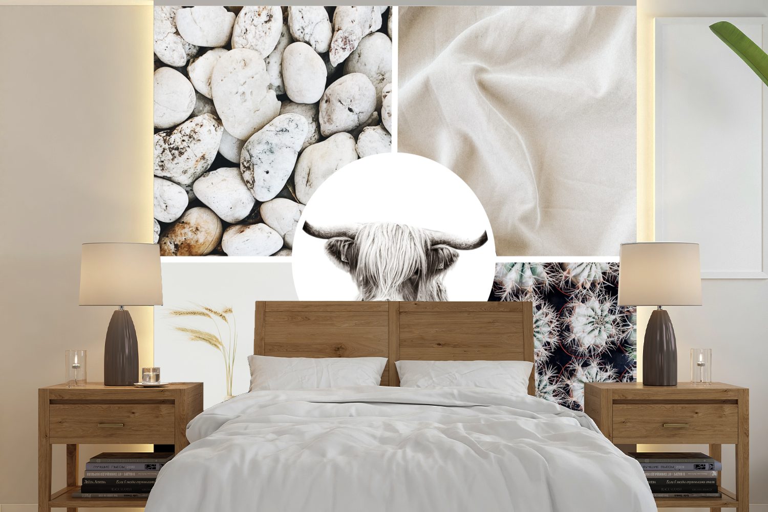 MuchoWow Fototapete Schottischer Highlander - Steine - Kaktus - Weiß, Matt, bedruckt, (5 St), Vinyl Tapete für Wohnzimmer oder Schlafzimmer, Wandtapete
