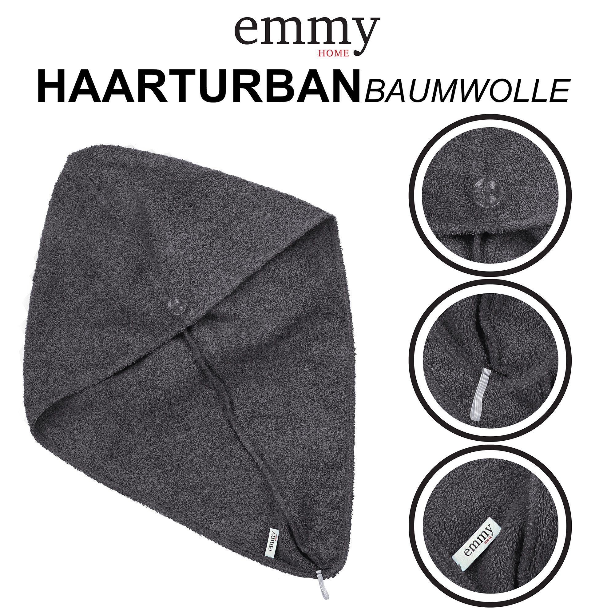 Emmy Home Turban-Handtuch knopf mit Anthrazit (2-St), Baumwolle Haarturban, 100