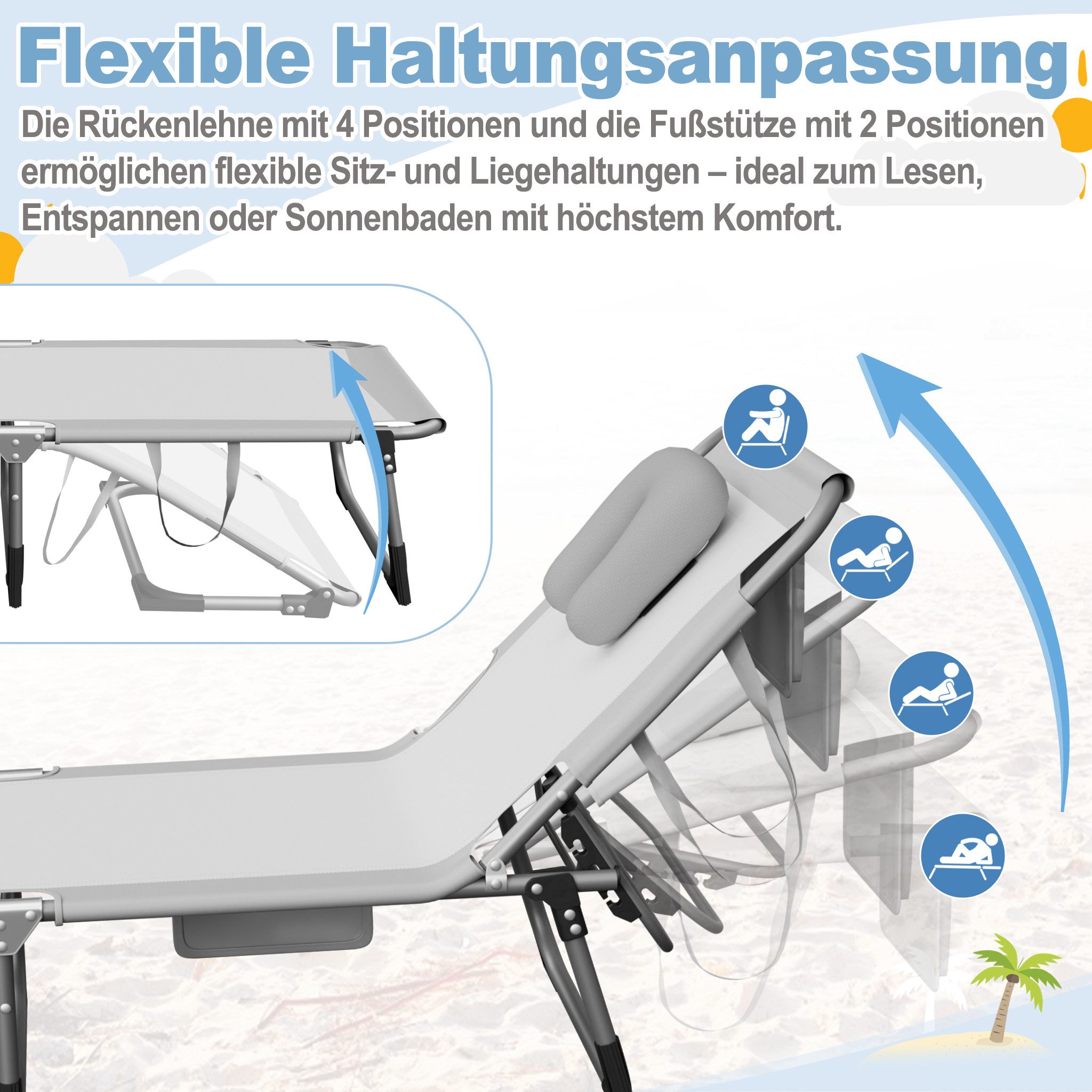 FIVMEN Gartenliege Faltbare Sonnenliege mit Gesichtsausschnitt 4 fach verstellbar 160kg, Garten Strandliege mit Kopfkissen Seitentasche Tragegriffe, 190x63cm – Bild 4 von 5