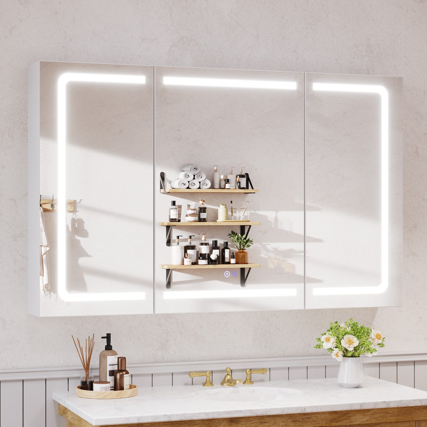 Furnicopia Badezimmerspiegelschrank Badezimmerspiegelschrank 3-Türer, LED-3 Farben, Entnebelung (mit geteilten Fächern, Steckdose, Touchschalter & Helligkeitsregelung)