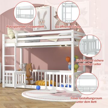 IDEASY Prinzessinbett Bettgestell aus Kiefernholz, Etagenbett, Kinderbett, 200x90cm, mit Treppe, mit 45cm hohem Sicherheitszaun, FSC zertifiziert