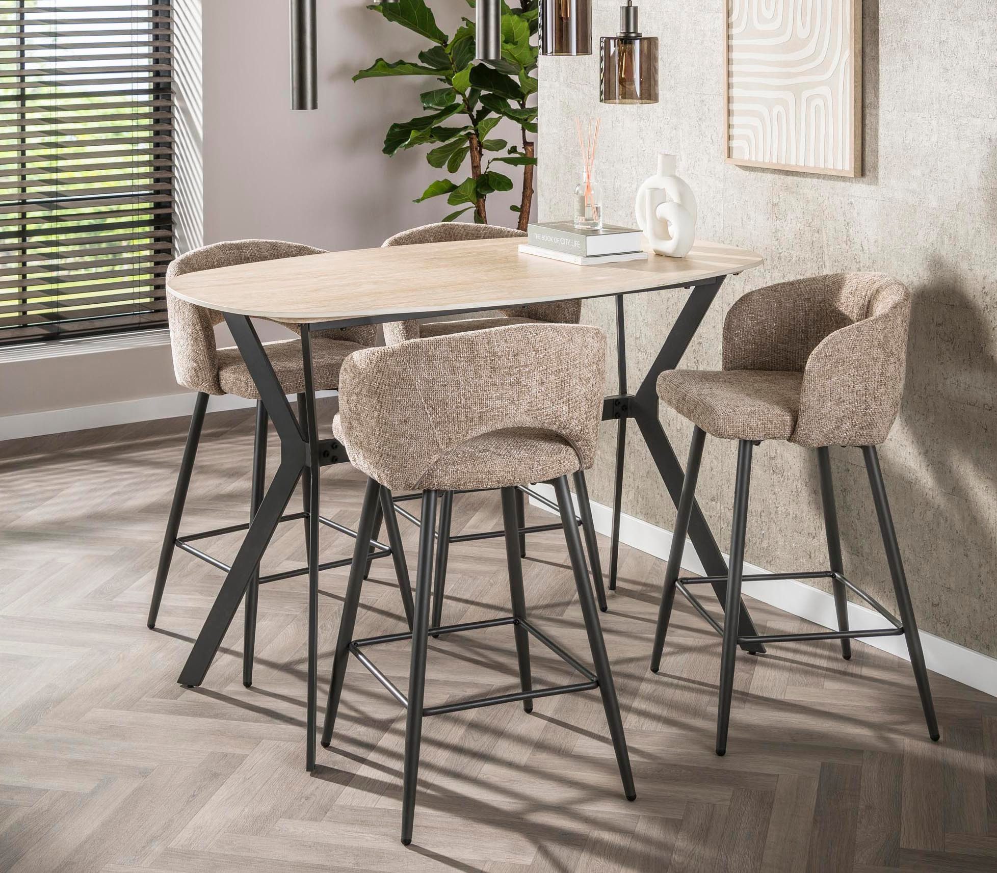 LEVEN Lifestyle Bartisch Stehtisch TOSCANA dänisch oval 140 cm Keramik in Travertinoptik, Tischplatte aus hochwertiger Keramik in Travertin Optik - Höhe 92 cm