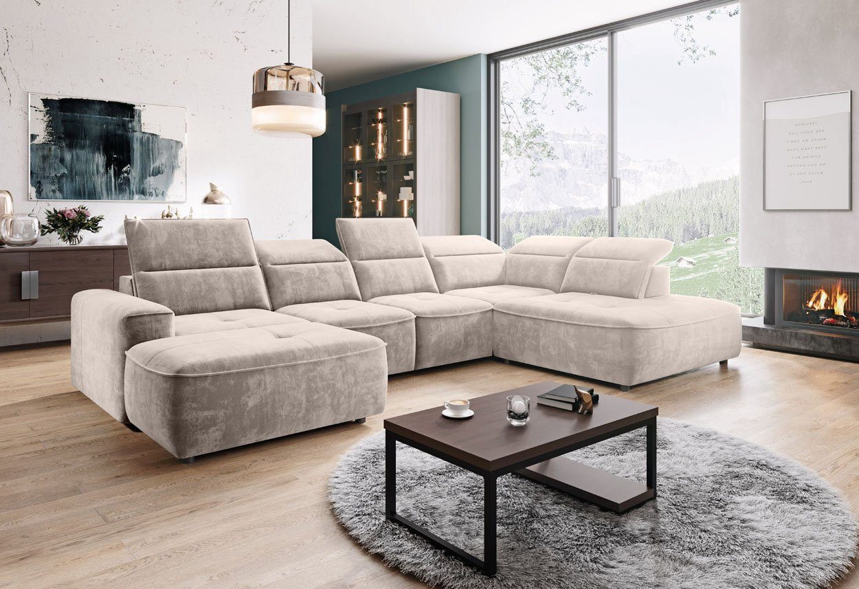 WOHNKLUSIV Wohnlandschaft Wohnlandschaft Ferrara - elektrische Sitztiefenverstellung, mit Relaxfunktion, elektrische Sitztiefenanpassung, mit Bettaksten Beige 02 - Palladium